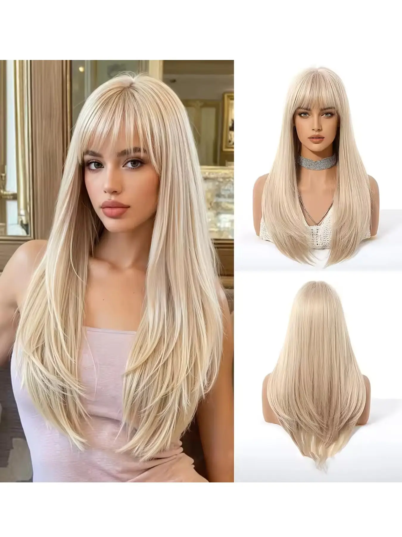 Versatile Light Blonde Wig 24 Inch Long Straight with Bangs, Layered Natural Looking Premium Synthetic Hair Wig for Women, Date Party Cosplay Daily Use