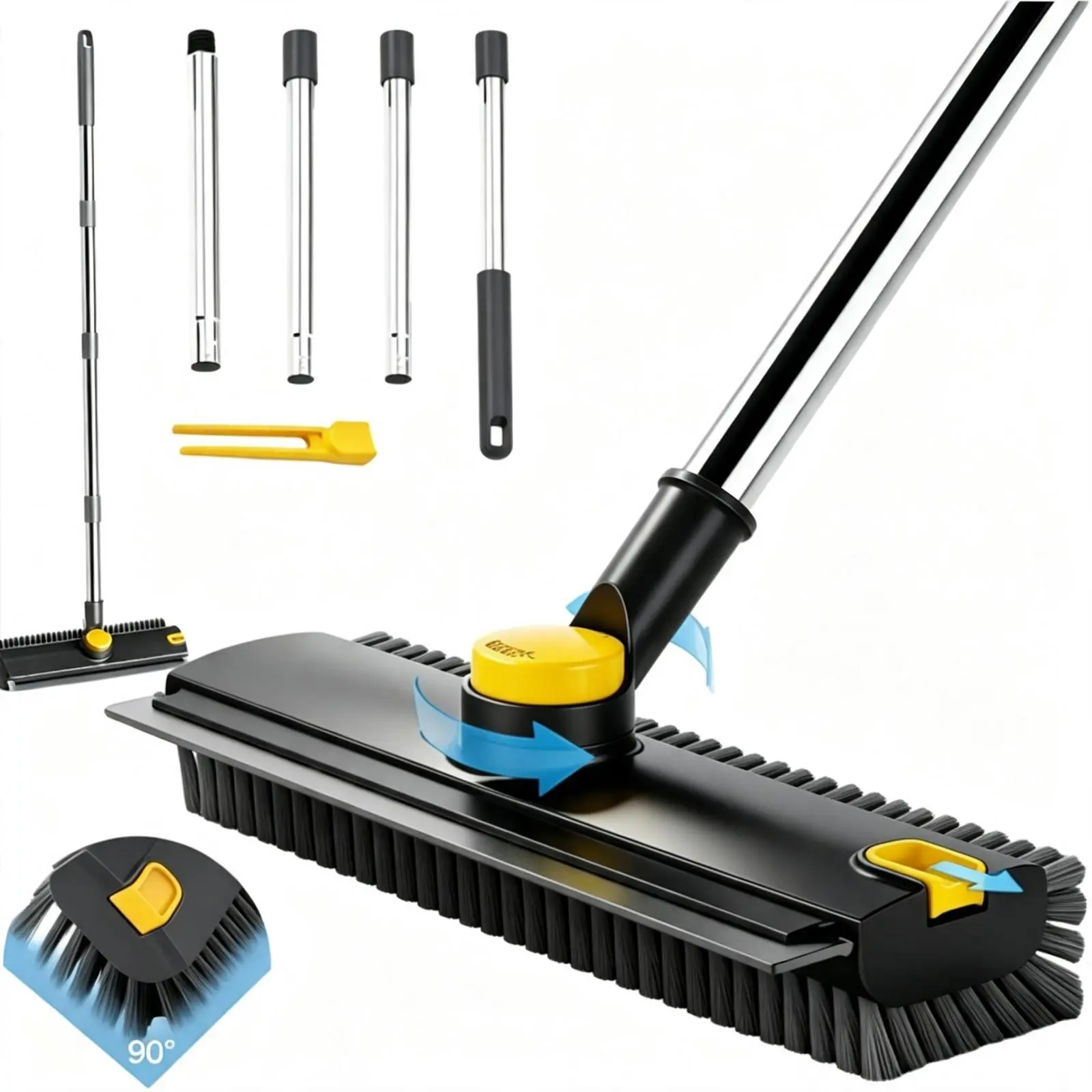 Heavy Duty 3 In 1 Floor Scrub Brush Squeegee Scrape Hangable Stainless Steel Long Handle 360 Rotatable Multi Surface Home Cleaning Supplies Shower Bathroom Patio Garage Kitchen Wall Deck