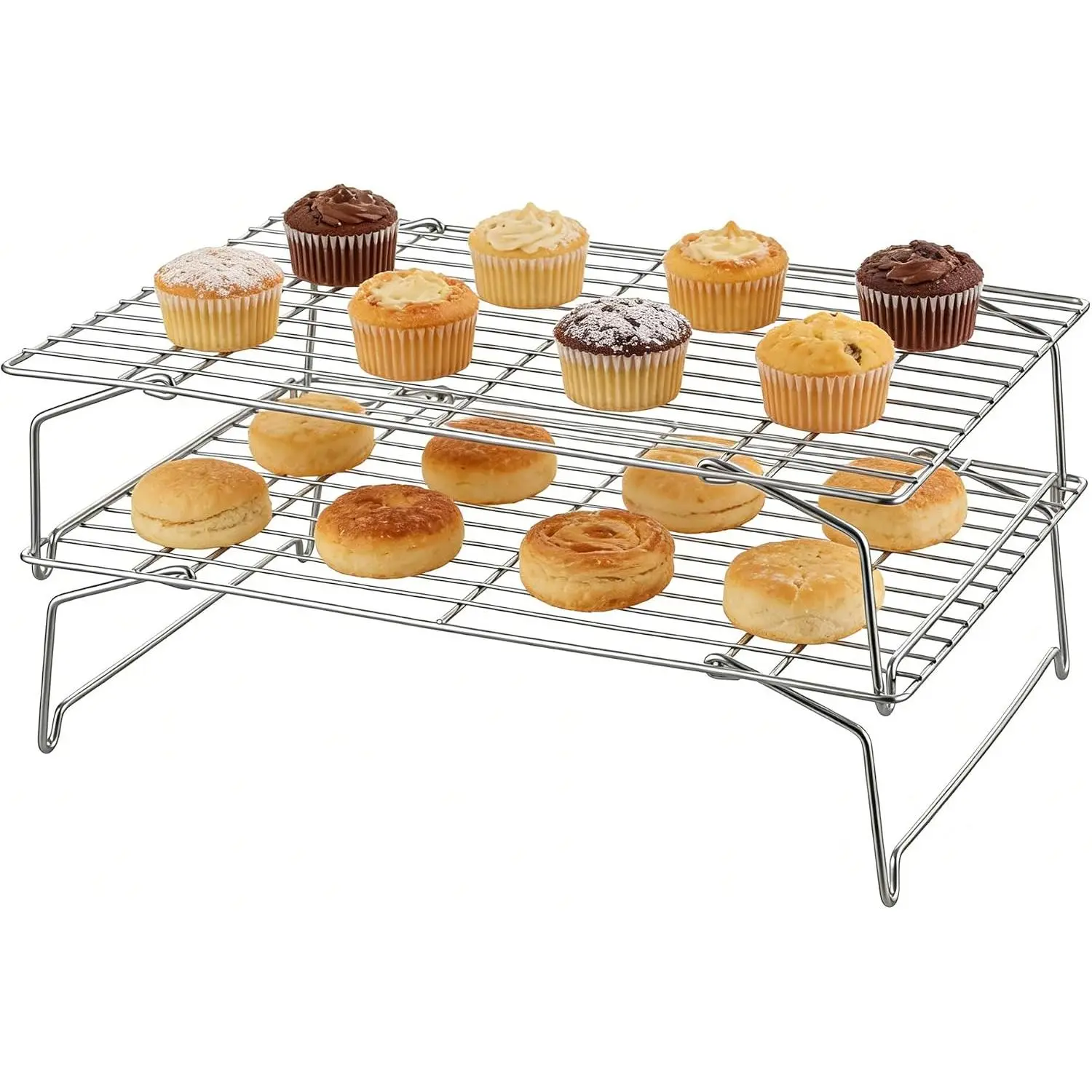 Cooling Rack, 2-Tier Stainless Steel Baking Rack for Cookies, Cupcakes, and Pastries, Collapsible Space-Saving Design, Dishwasher Safe, Ideal for Baking, Roasting, and Drying