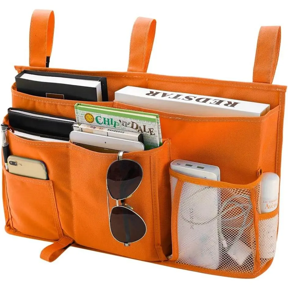 Bunk Bed Organizer, Bedside Caddy Hanging Bed Organizer Storage Bag 8 Pockets, for College Dorm Rooms Bed, Hospital Bed, Baby Bed Rails, 600D Oxford Cloth (Orange)