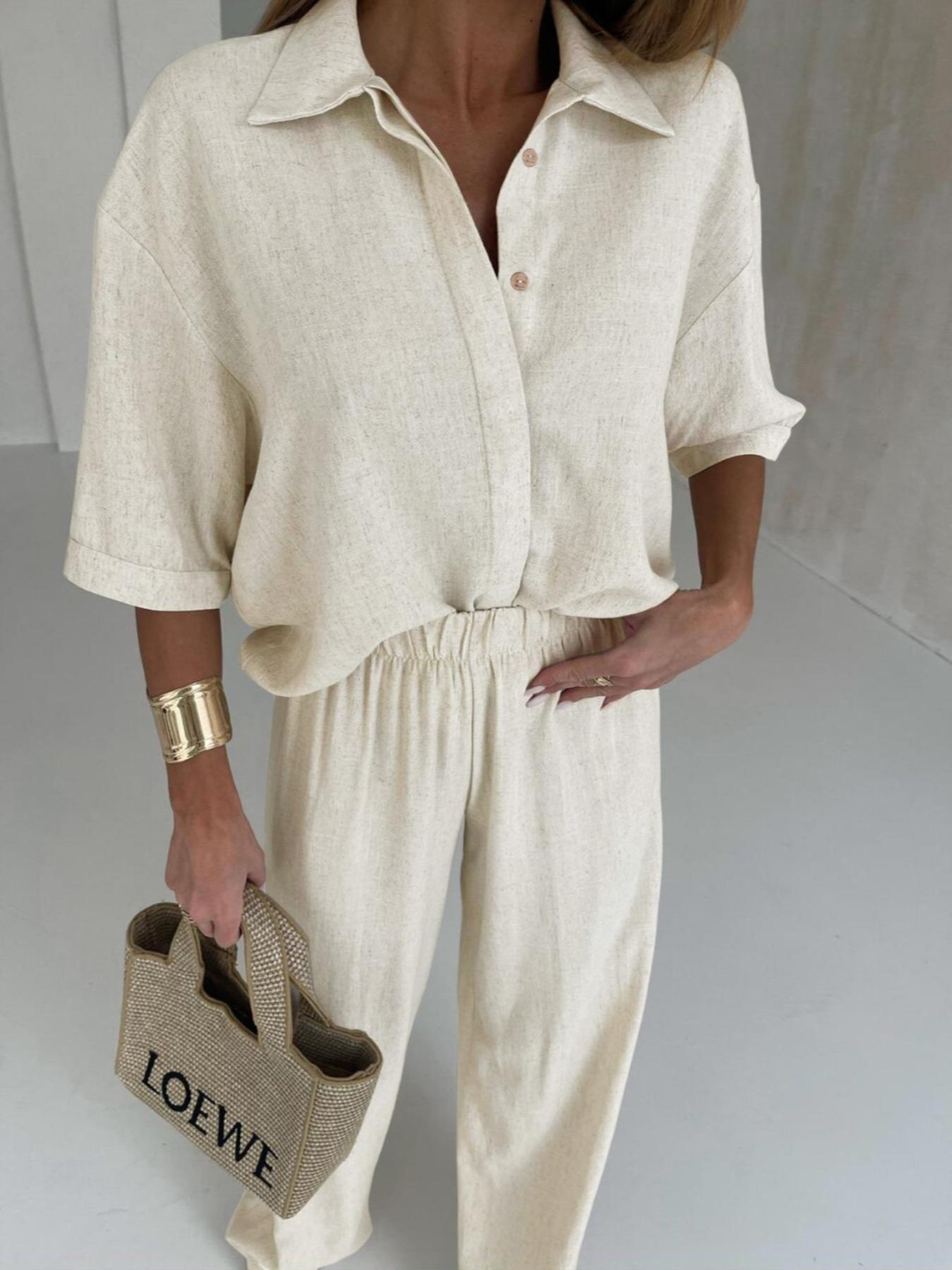 Women's Linen Short Sleeve Shirt & Pants Set, Relaxed Fit and Casual Style Outfit for Everyday Wear