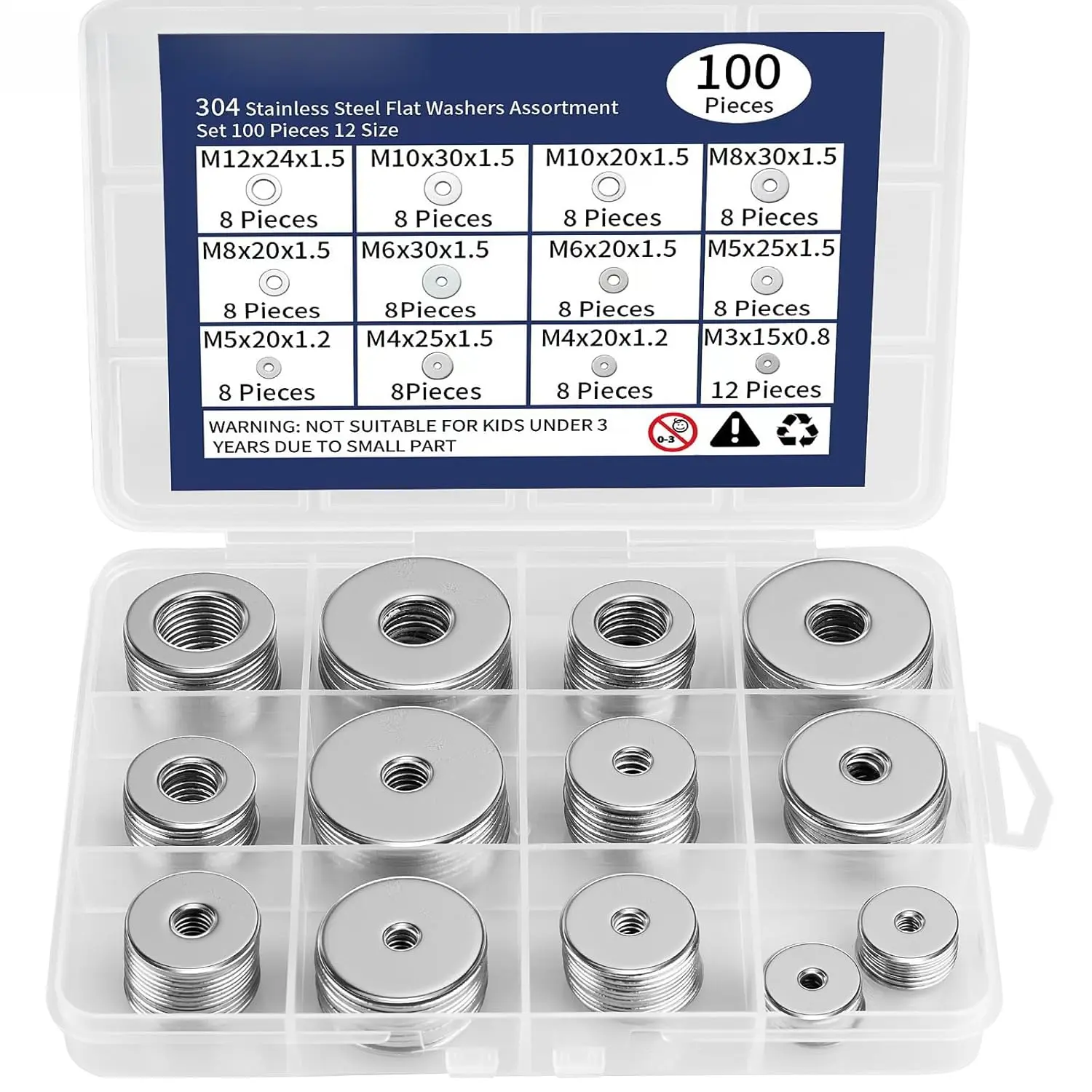 304 Stainless Steel Flat Washers Pack - 100-Piece Multi-Size Set Assortment (M3 to M12), Load Distribution, Prevents Surface Damage, for Hardware Repairs & Mechanical Work