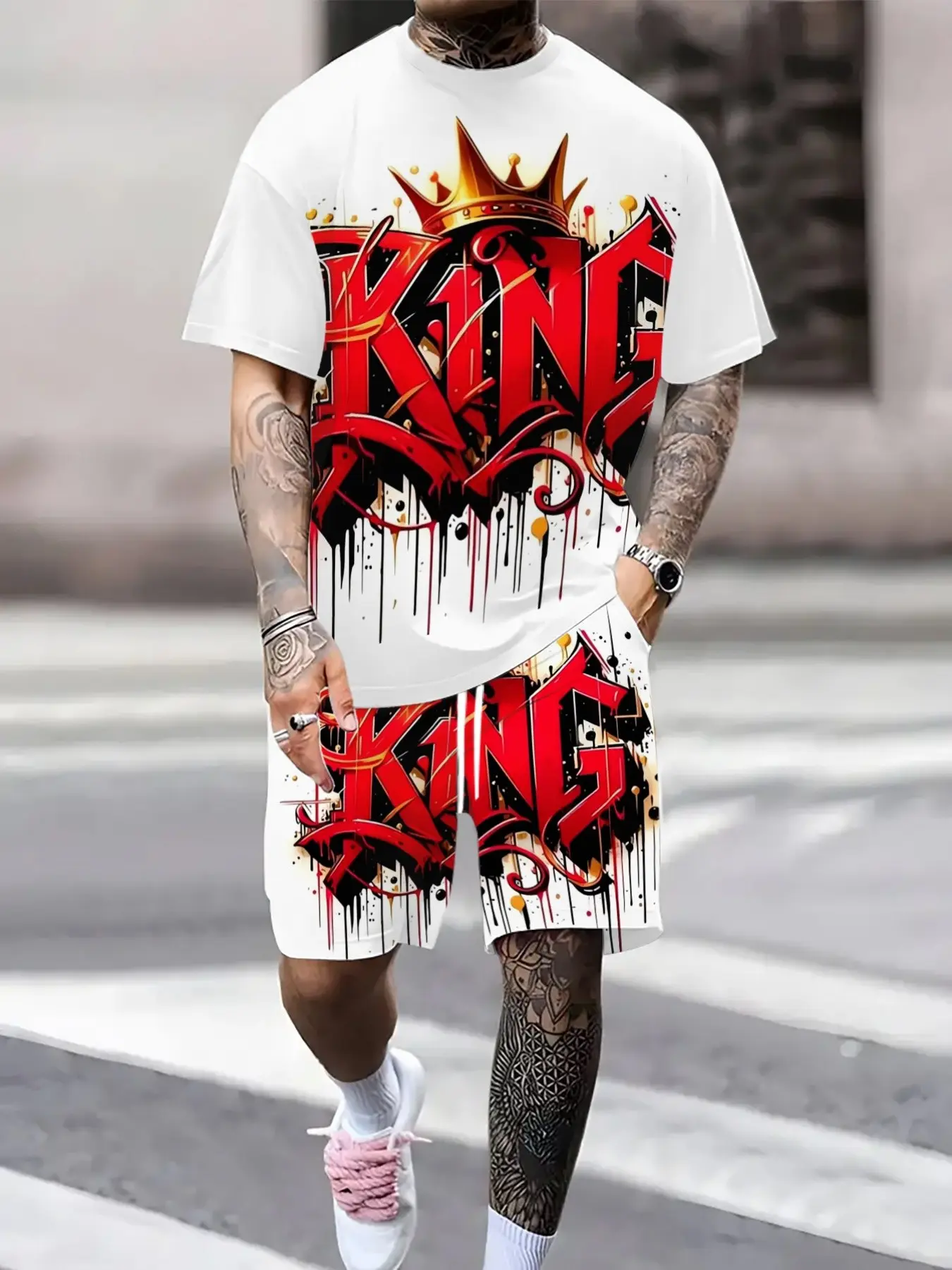 Men's Oversize King Letter T-Shirt and Shorts Set, Summer Breathable Hip-Hop Style Two-Piece, Casual Fitted Random Print
