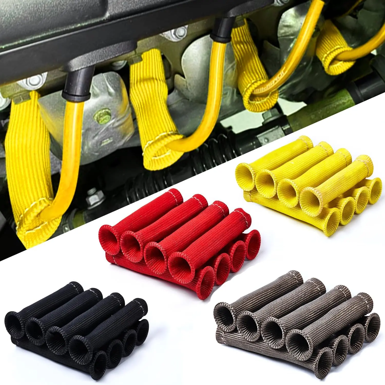 6-Inch High-Temp Fiberglass Spark Plug Wire Heat Shield Sleeves, 3000°F Tool-Free Slip-On Boot Protectors with Heat Protection for LS SBC BBC 350 454 V8 Engines & Aftermarket Ignition Wires (Yellow)