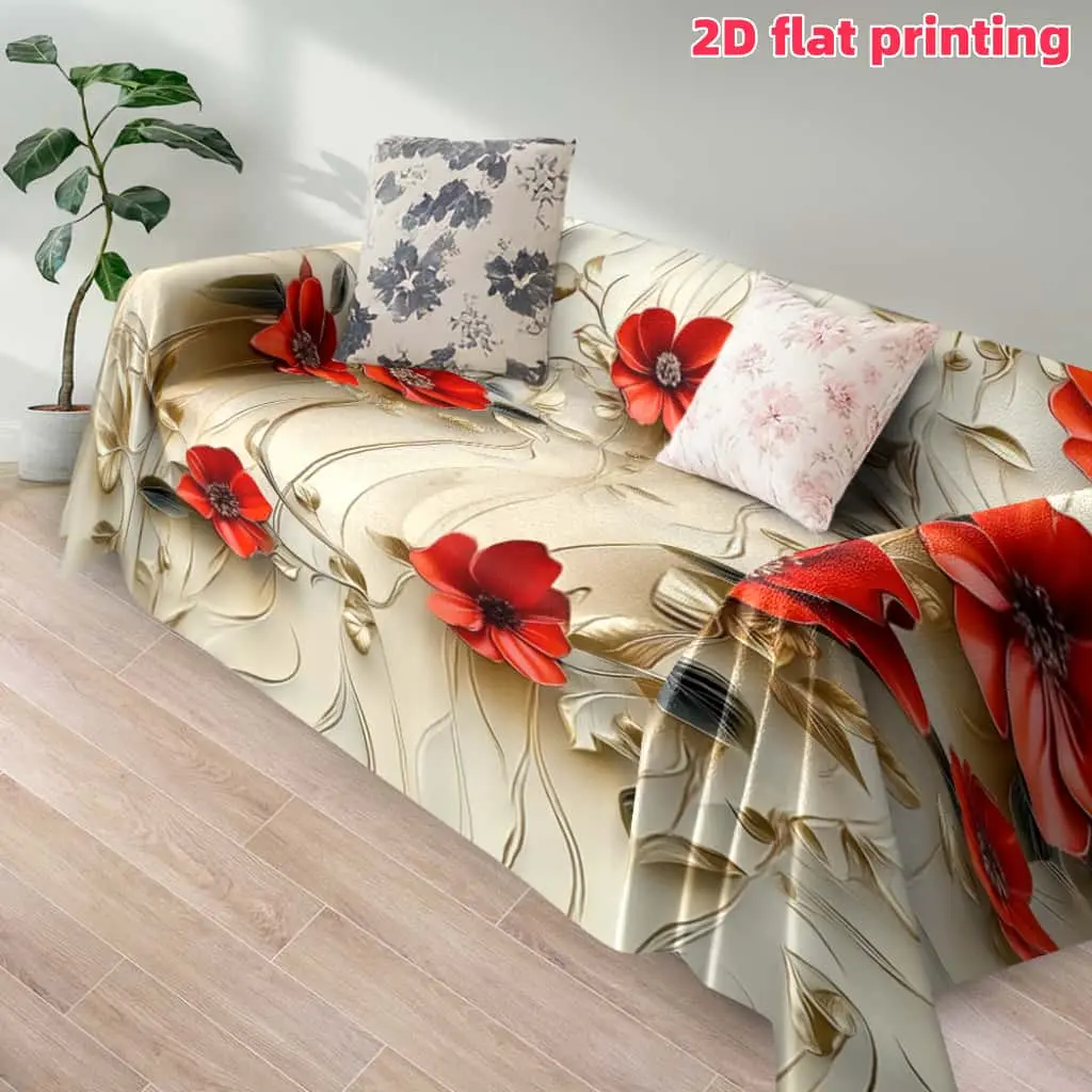 2D flat 1Pc Red Floral Pattern Sofa Cover, Vibrant Bloom Design Slipcover, Pet-Friendly & Scratch-Resistant Protector, Machine Washable for Living Room Decor, Suitable 1-4 Seater Sofas, Home Accent