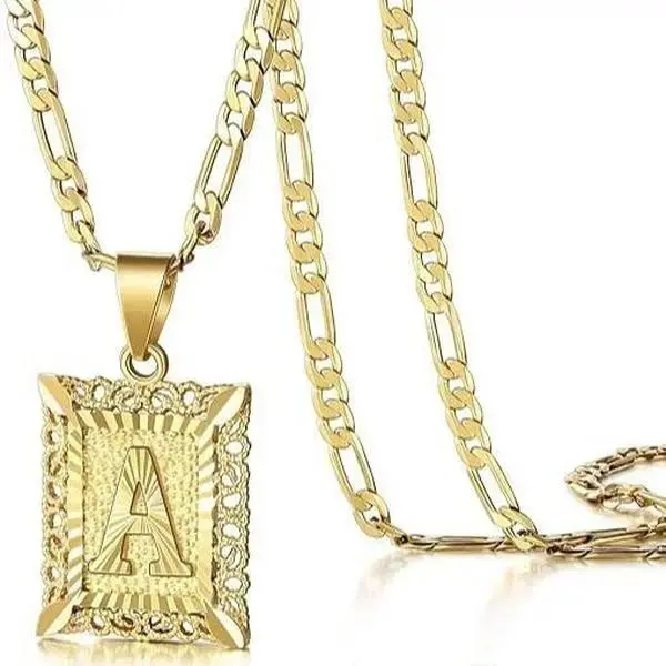 14K Gold Plated Square Capital Monogram Pendant Necklace for Men Women, Initial Letter A-Z Pendant Figaro Chain Jewelry Festivals, Birthdays, and Special Occasions Holiday Gift