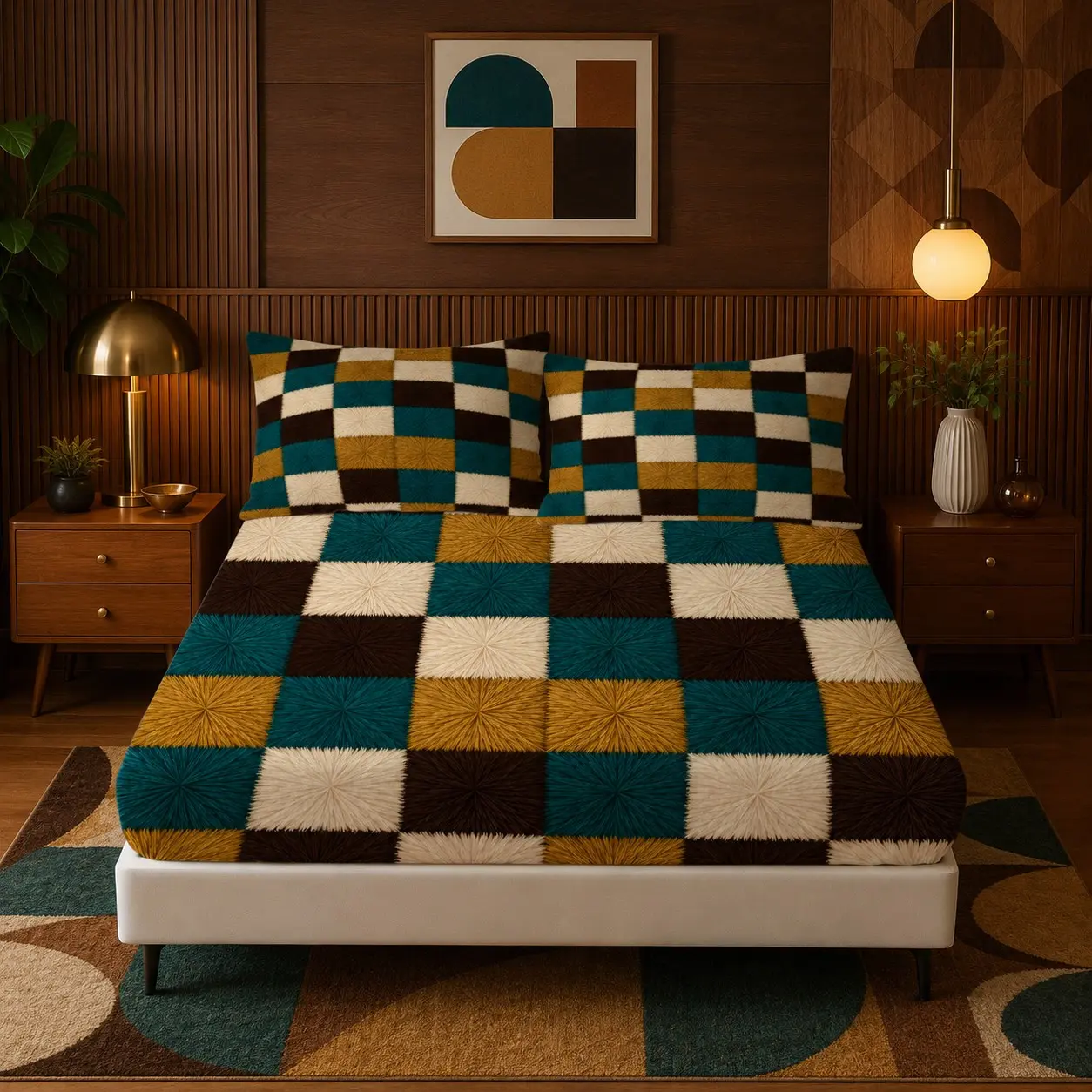 3PCS American Retro Farmhouse Faux Fur Checkerboard Fitted Sheet Set, 1 Fitted Sheet + 2 Pillowcases, No Pillow Inserts, Elastic Deep Pocket Anti-Slip All Season Bedding for Bedroom Homestay Rental Dorm