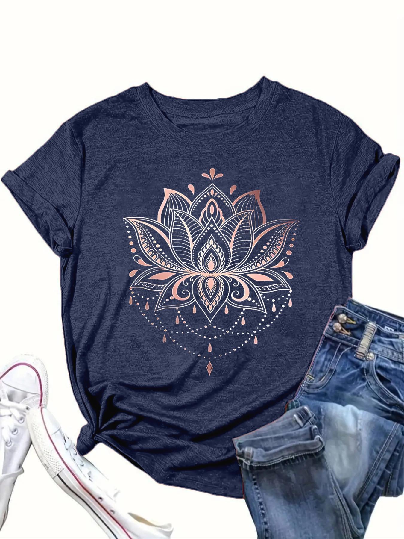 【Plus Size】 Lotus Graphic Tee, Boho Casual Crew Neck Short Sleeve Lightweight T-shirt for Daily Holiday Vacation Wear, Women Clothing for All Seasons