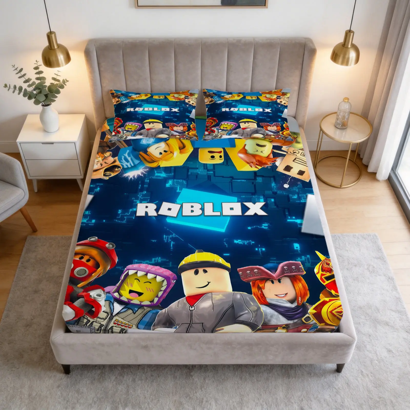 Block Man Printed Pattern Bed Sheet Set, Roblox， 1 Bedsheet Paired With 2 Pillowcases (Excluding Pillow Core), Available In Multiple Colors, Suitable For Bedrooms, Dormitories, And Guest Rooms, Suitable As Gifts And Decorations