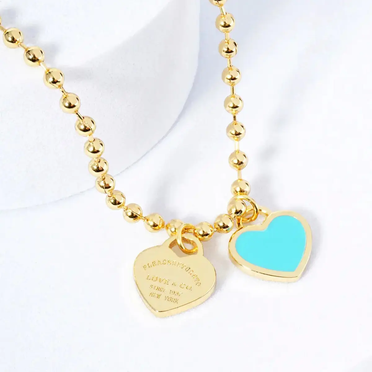 Dual Hearts Beaded Necklace - 2.0 Gold Bead Design, Classic Daily Wear & Prom Wear Accessory, Elegant Simple Aesthetics, Balanced Silhouette for Anniversary Gifting, Beaded Necklaces, Retro Look, Two Tags