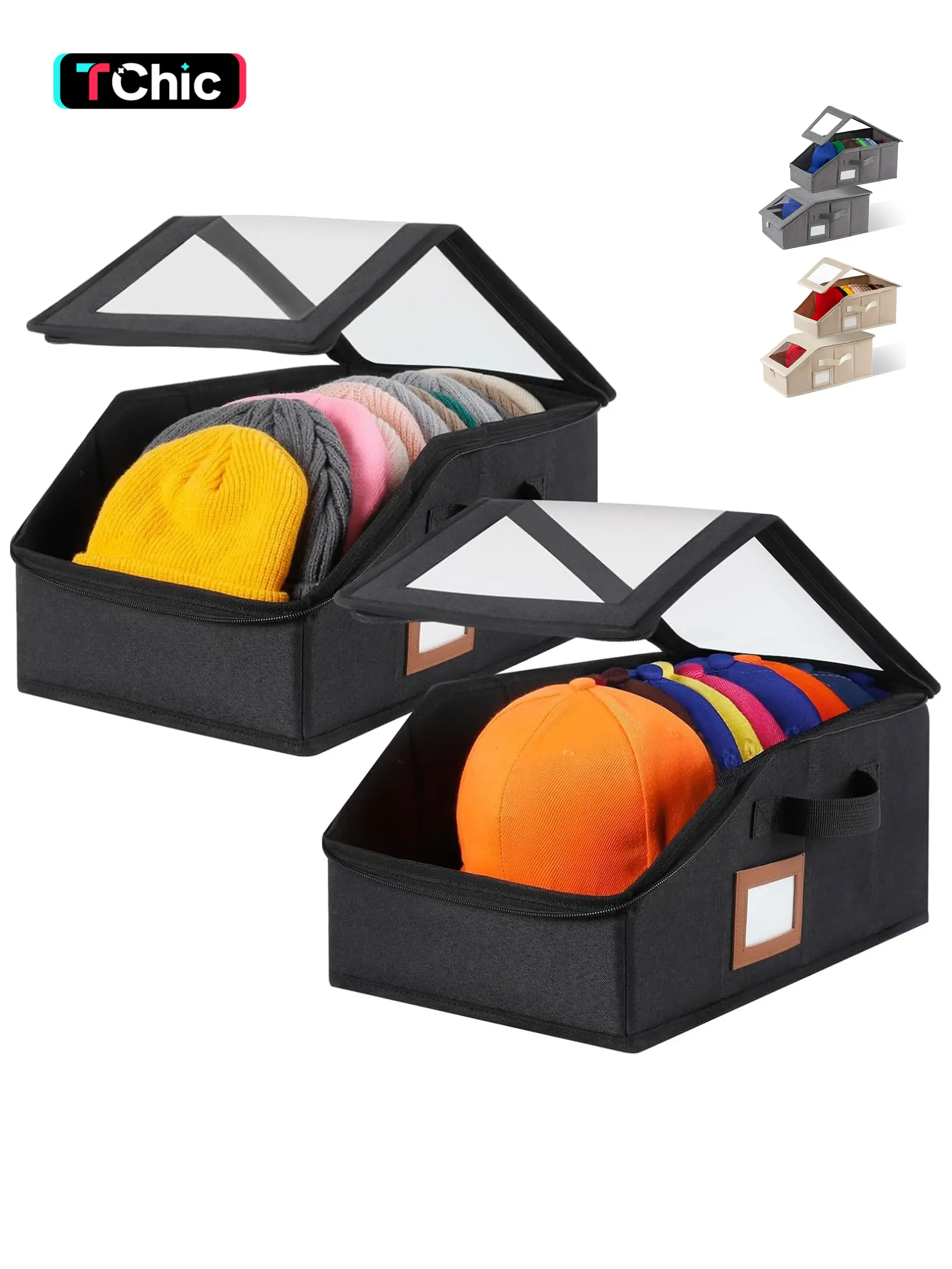 2 Pack Hat Storage for Baseball Caps-Holds Up to 28 Caps, Hat Organizer for Closet Stackable Hat Box with Cardboard, Dust-proof Beanie organizer with 2 Handles for Home Travel, Flip-Top Access, Space-Saving Hat Box for Closet, Adjustable Organiser