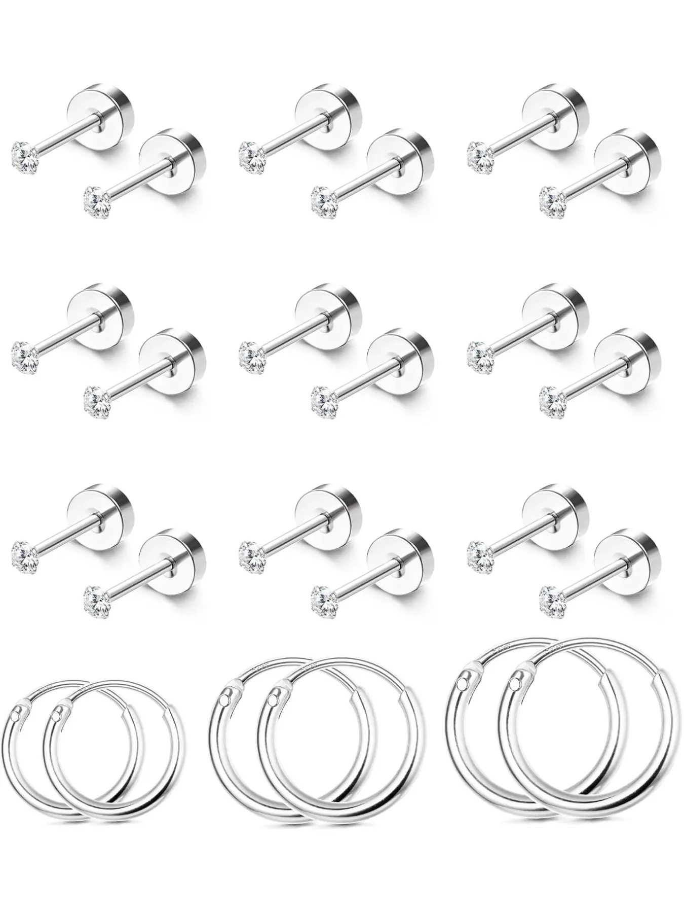 Tiny Hypoallergenic Flat Back Earrings, Dainty Earrings, 14k Steel Studs, 20g Small Cartilage Hoops, 12 Pairs, 2/3/4mm Screw Back