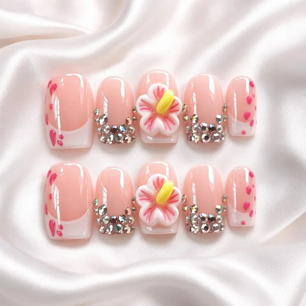 10Pcs Handmade Square Press On Nails | Decorative Nails | Y2K Pink French Tip 3D Floral Rhinestone Glam Design | Reusable Acrylic Fake Nails Set | Spring Summer Beach Party Daily Gift Glossy Finish