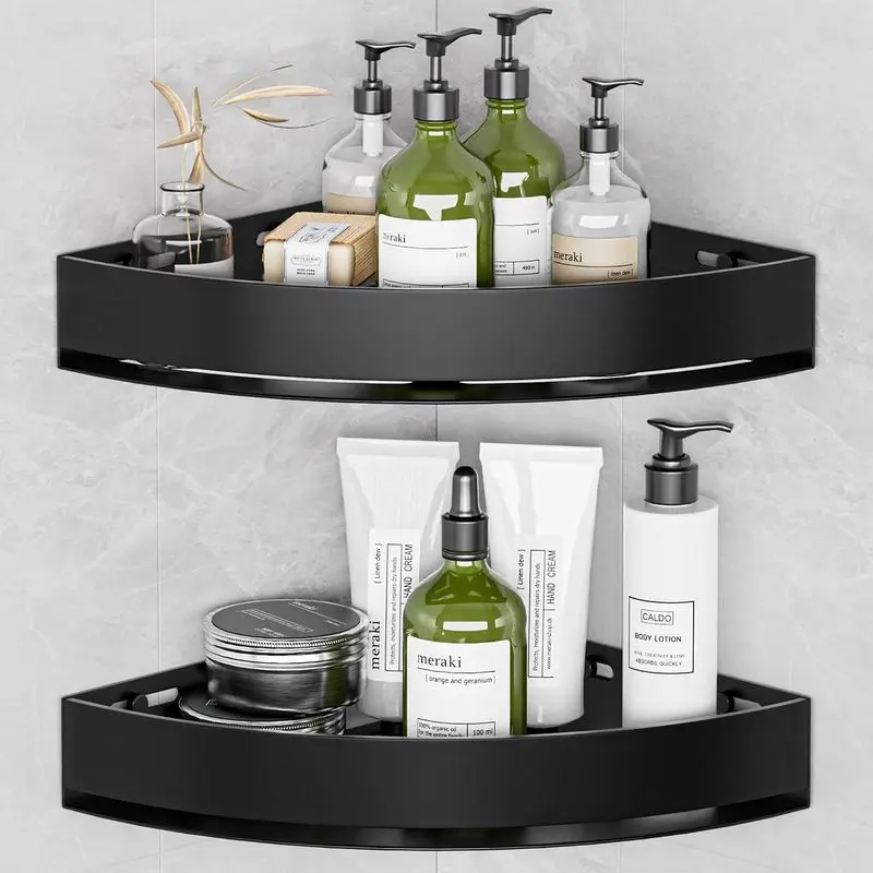 2‑Pack Black Triangle Corner Shower Caddy, Rustproof Aluminum Wall‑Mount Shower Shelf, No‑Drill & Drill Installation Bathroom Organizer for Shampoo & Toiletries