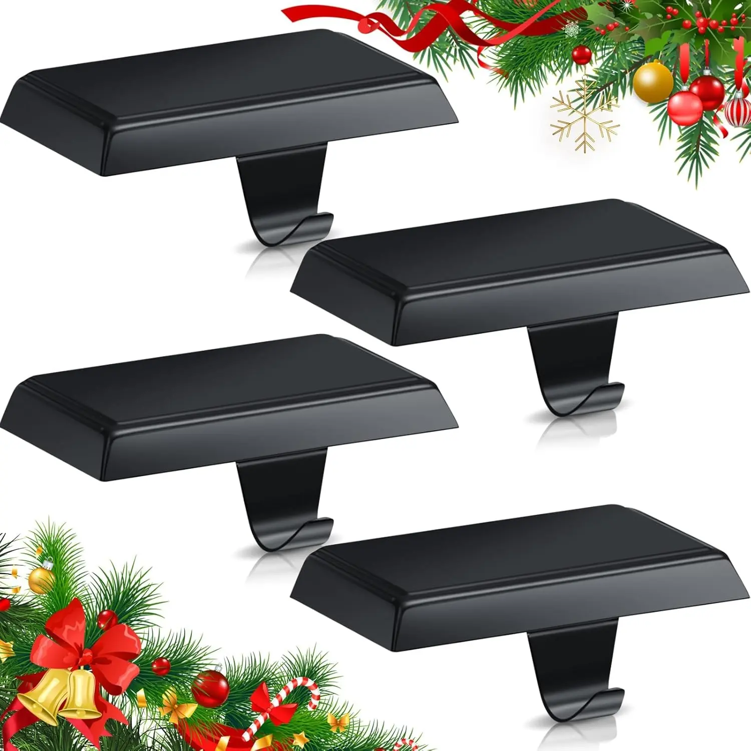 Christmas Stocking Holders for Mantle Weighted Stocking Holder Fireplace Hangers for Xmas Holiday Party Decoration(Stainless Steel,Black,4 Pcs)