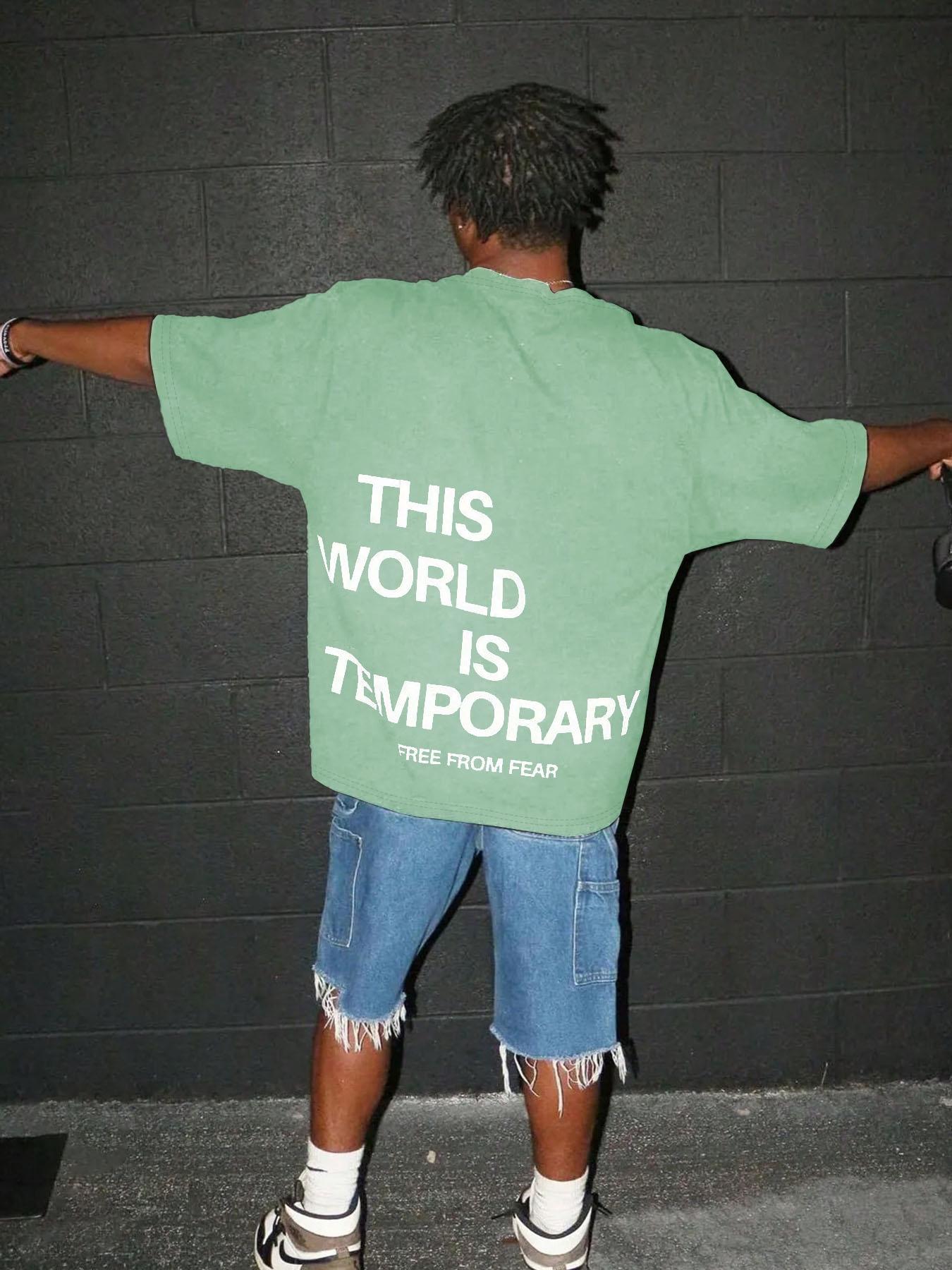 Men's Plain "THIS WORLD IS TEMPORARY" Letter Print Short Sleeve Graphic Tee, Loose Casual Comfy Round Neck T-shirt for Summer, Fashion Men's Top for Daily Wear