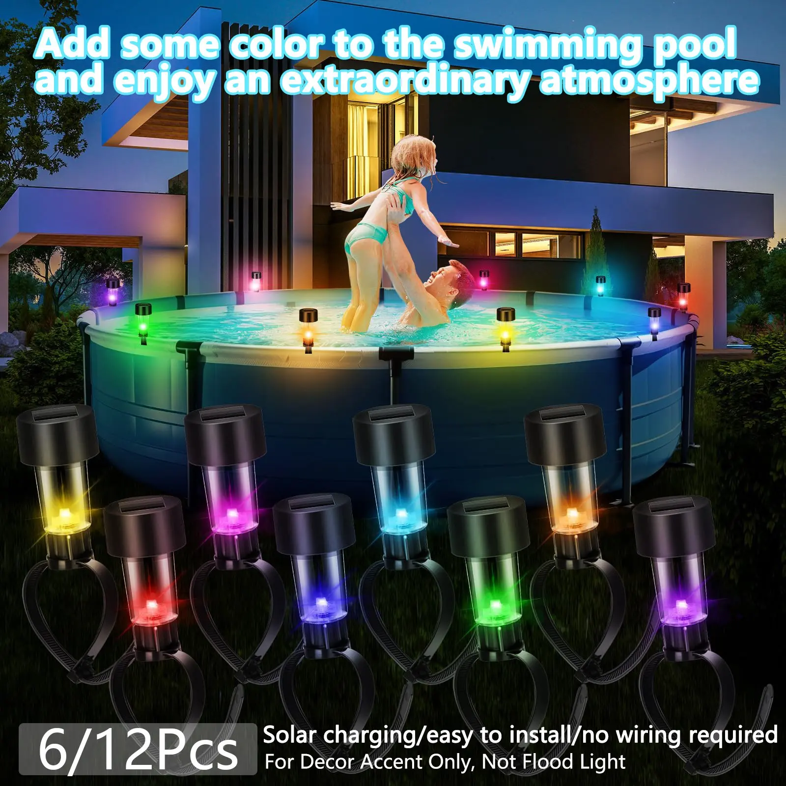 6/12 Pcs Solar Pool Lights, Pool Lights for Above Ground Pools, Solar Lights, Solar Poolside Lights, Decorative Solar Lights Outdoor, Waterproof Solar Light, Outdoor Swimming Pool Fence Decorations, Pool Accessories