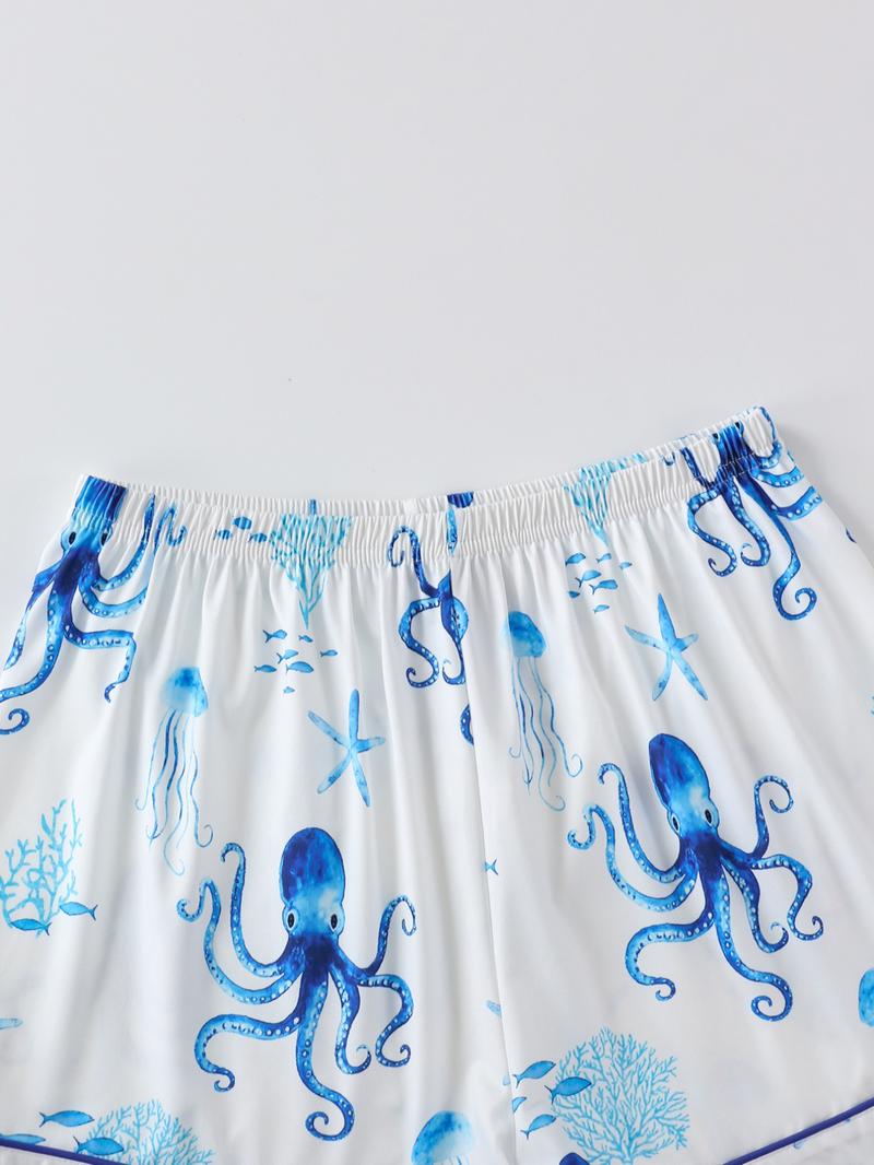 Women's Octopus Print Button Front Shirt & Shorts Pyjama Set, Comfort Two-piece Pj Set for Homewear, Women's Sleepwear for All Seasons, Womenswear, Summer Sleepwear Set