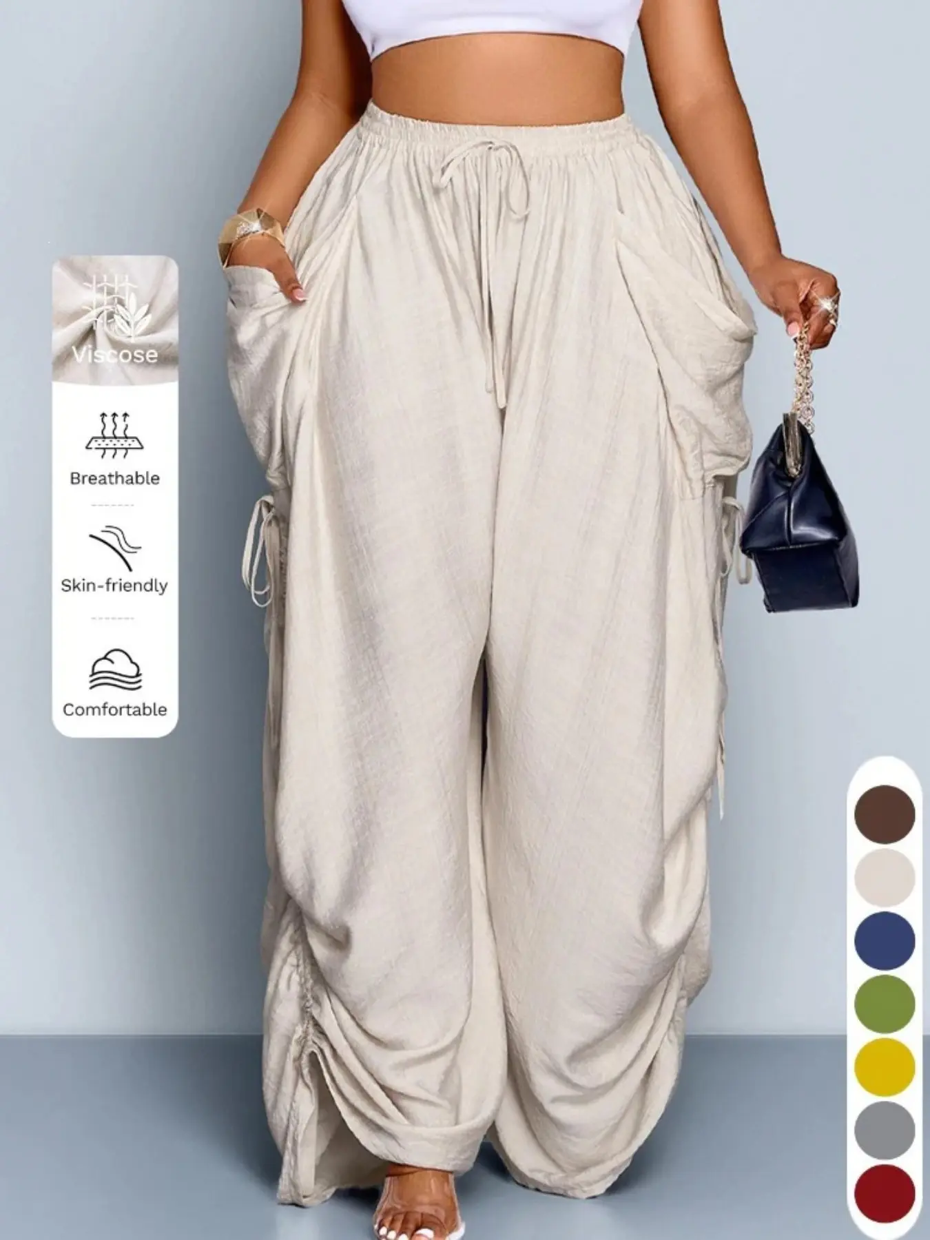 High-Waisted Drawstring Linen Palazzo Pants for Women, Loose-Fit Spring & Fall Fashion, Comfortable Casual Home Wear