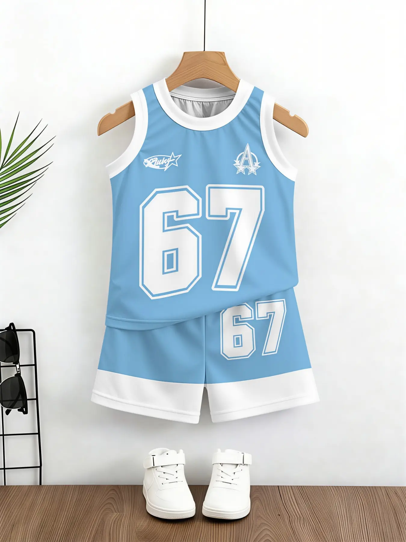 Sky Blue 67 Boys Sleeveless Jersey Set, Soft Stretch Tank Shorts, Star Logo Sport Outfit, Daily Skate Casual Wear, Los Angeles popular kids street sport suit