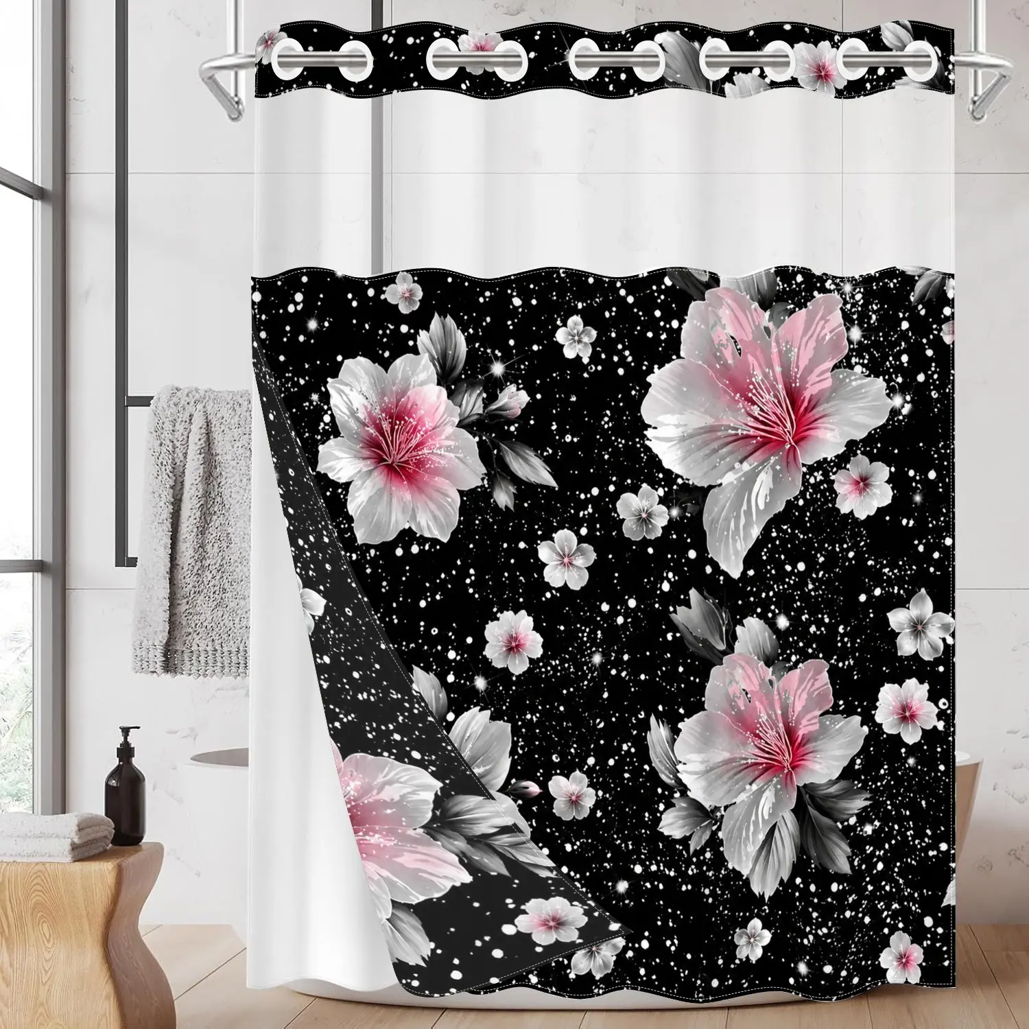 1pc Base Starlight Hibiscus Floral Print Double Layer Bath Curtain, Mold-Resistant Polyester, Wall Mounted, Bathroom Decor