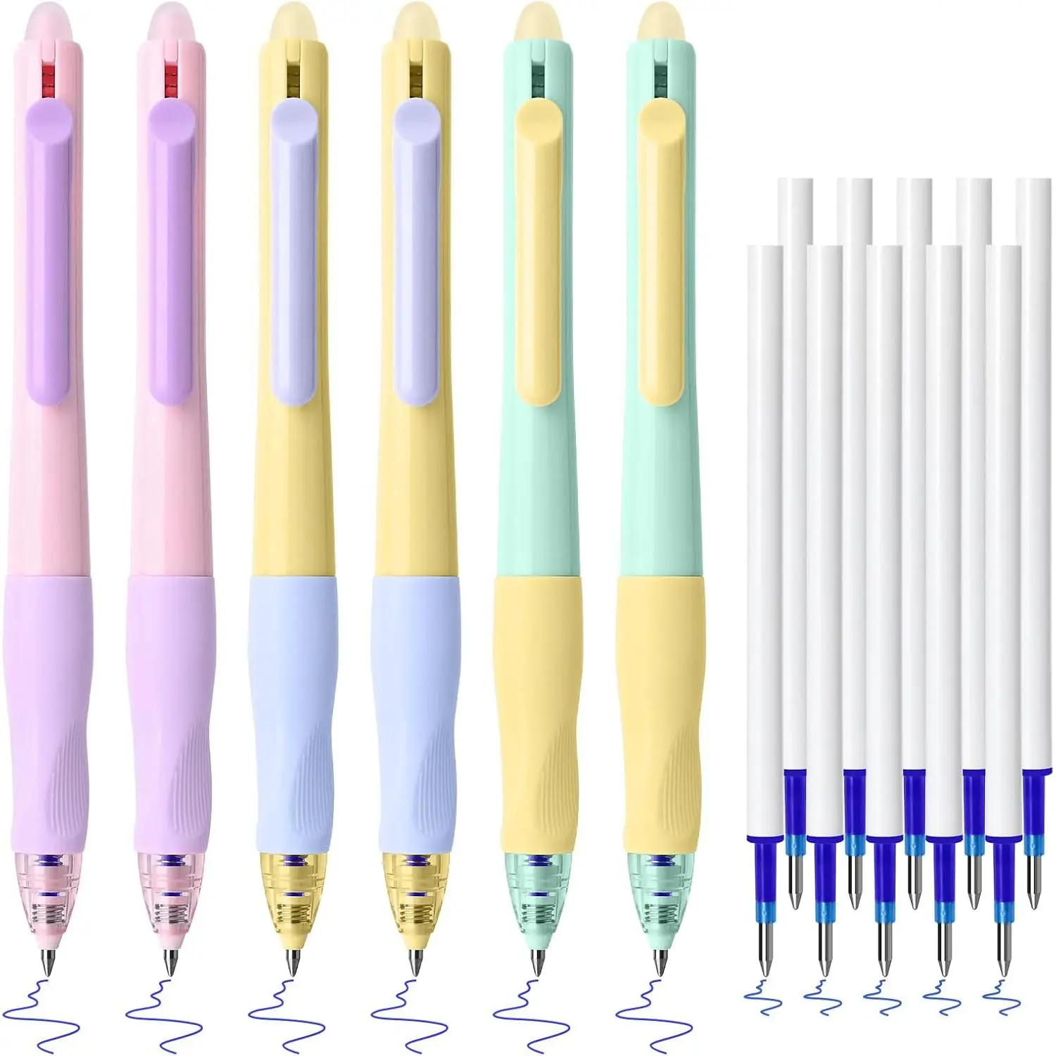 6 count Retractable Erasable Gel Pens & 10 count Refills, Blue Ink 0.5mm | Comfortable Grip Pen with Eraser, Make Mistakes Disappear, Blue Ink Pen for Planners and Crossword Puzzle