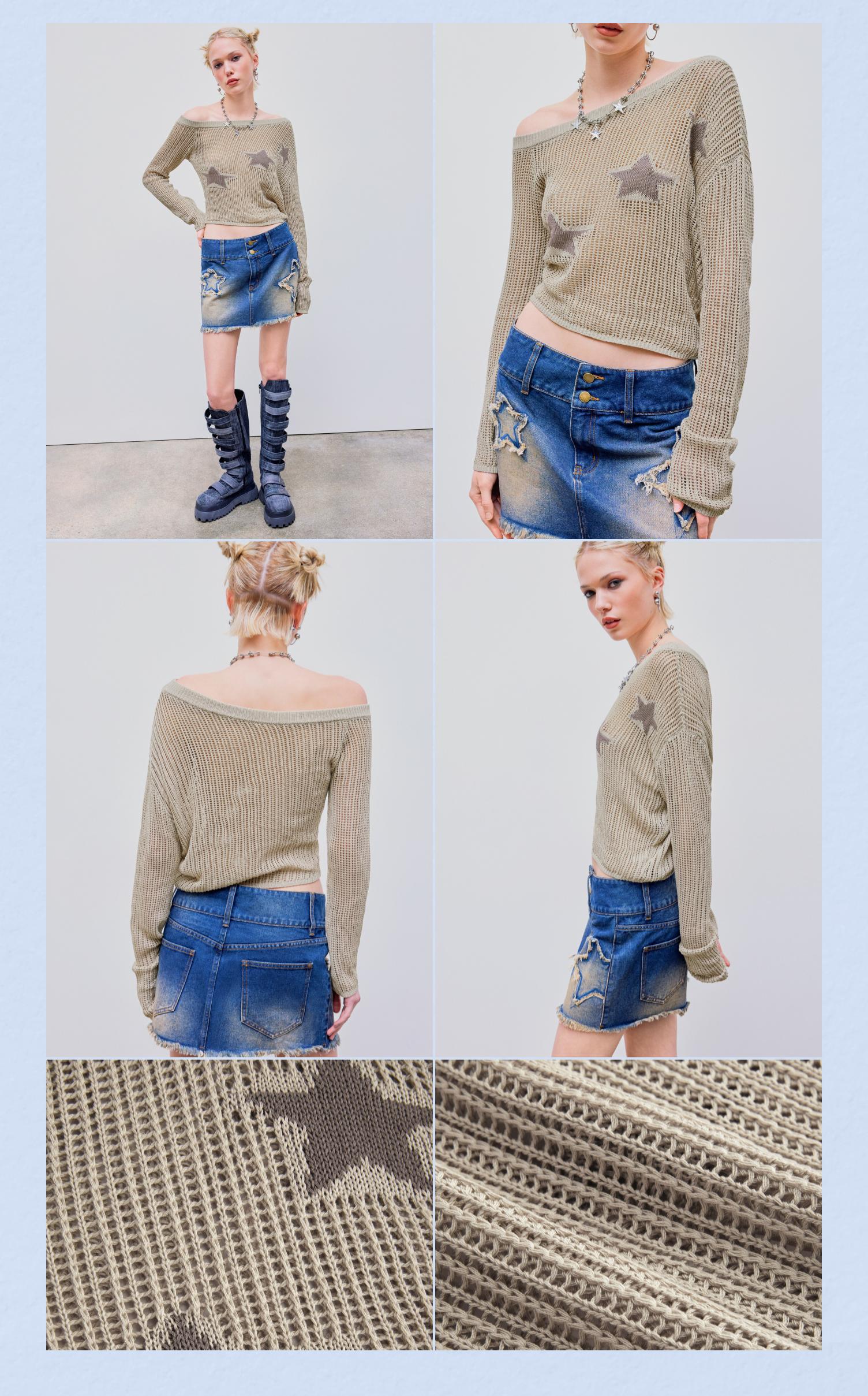 Cider [2 colors, size 2-10] Asymmetrical Neck Star Knitted Long Sleeve Top