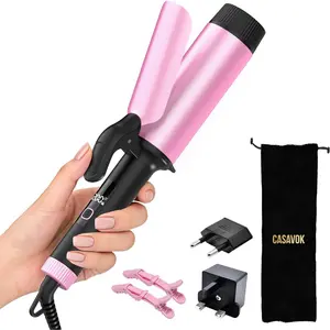 2 Inch Large Barrel Curling Iron with Clamp for Long Hair, Dual Voltage 110-240V European Plug, 5 Adjustable Temp Settings Digital Display Temp Lock for Loose Curls
