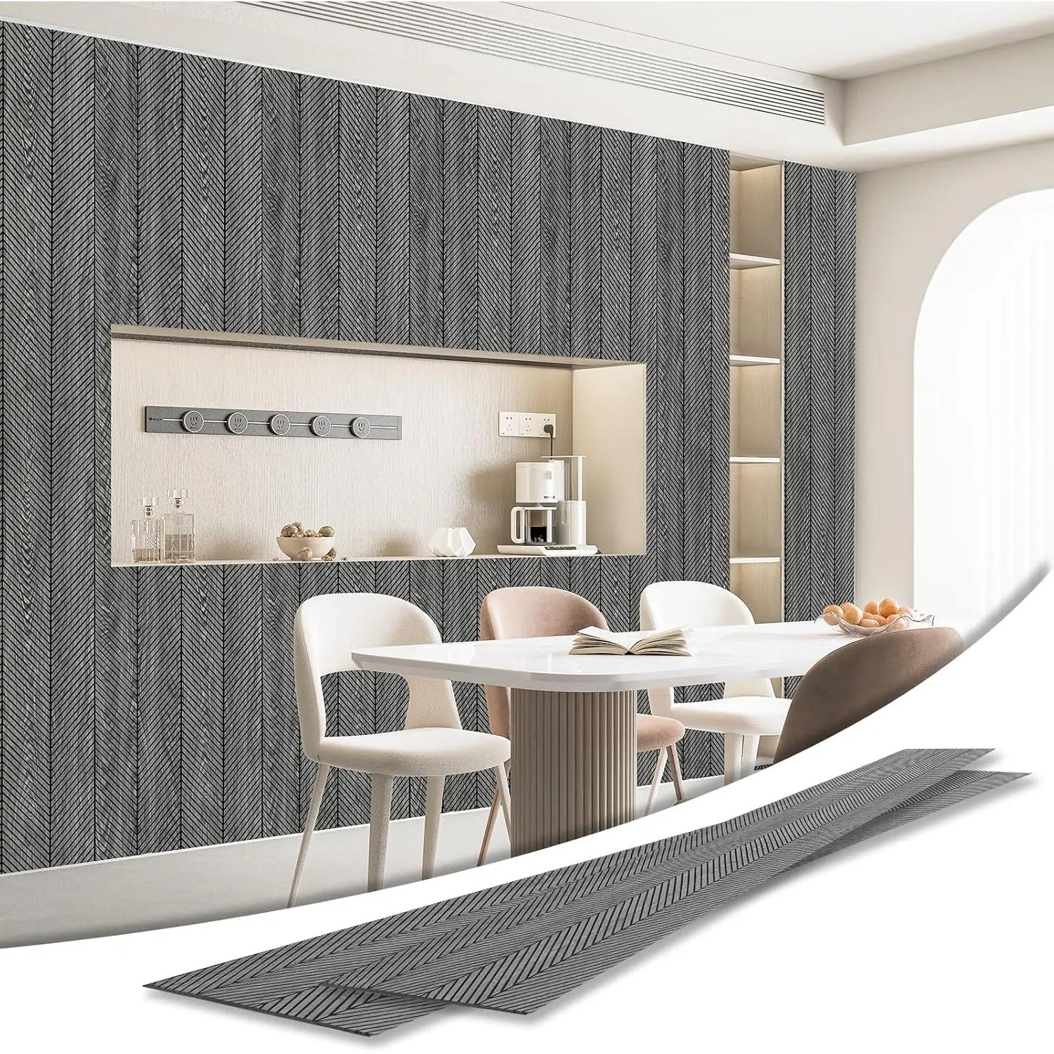 Weathered Teak Herringbone Slim Slat Wall Panels, 4-Pack (104"x12"), Indoor Synthetic Decorative Wainscoting, Modern Elegant Style, Lightweight, Sturdy, Easy Clean, Glue-On, for Bedroom, Home Improvement