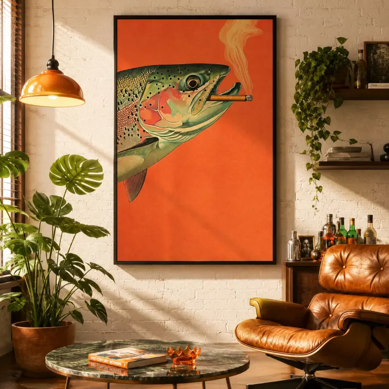 Vintage Trout Smoking a Cigarette Graphic Poster - Funny Whimsical Retro Painting, Unique Room Decor, Cabin Home Decoration, Outdoor Sports Fisherman Gift for Friend, House Accessory, Fishing Wall Art, Cabin Decor, Canvas Prints, Funny Poster