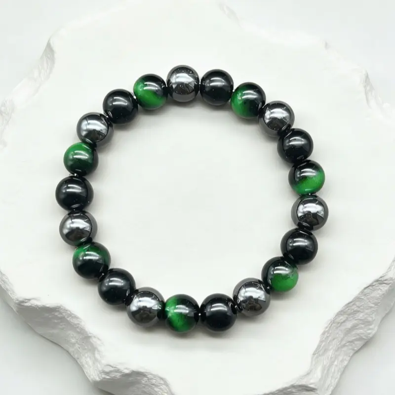 Obsidian men's bracelet, Green Tiger Eye & Hematite Beaded Construction, Classic Spiritual Bohemian Style, Unisex Stretch Wrist Bracelet, Adults For Festival & Everyday Outfits, Reiki Healing & Energy Shielding, Durable Versatile Wrist
