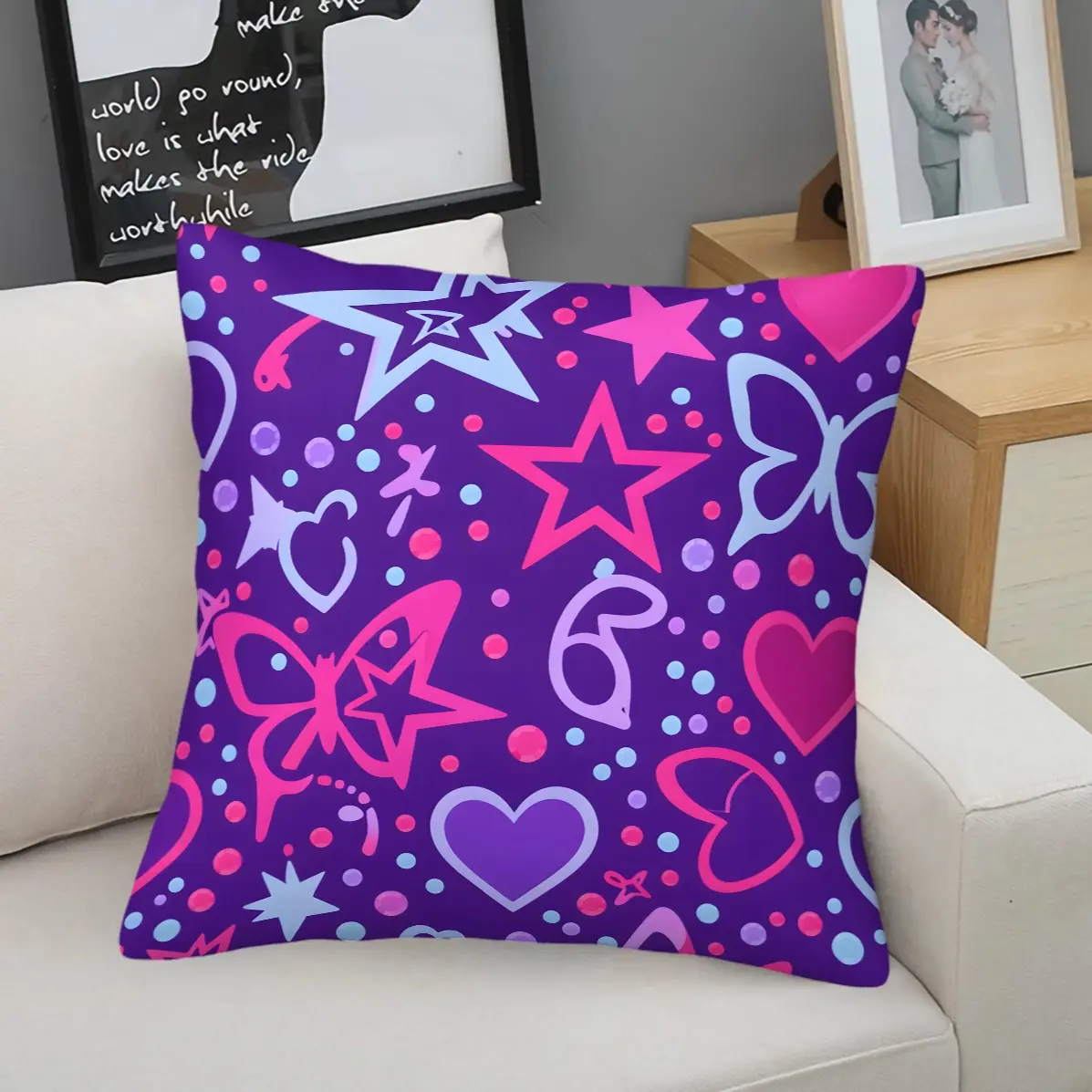 Y2K Sweet Cool Purple Square Throw Pillow with Star Heart Bow Print, 45×45cm, Soft Filled Cushion, Waist Support Decor Pillow for Bedroom Sofa Bay Window Terrace, Perfect Gift
