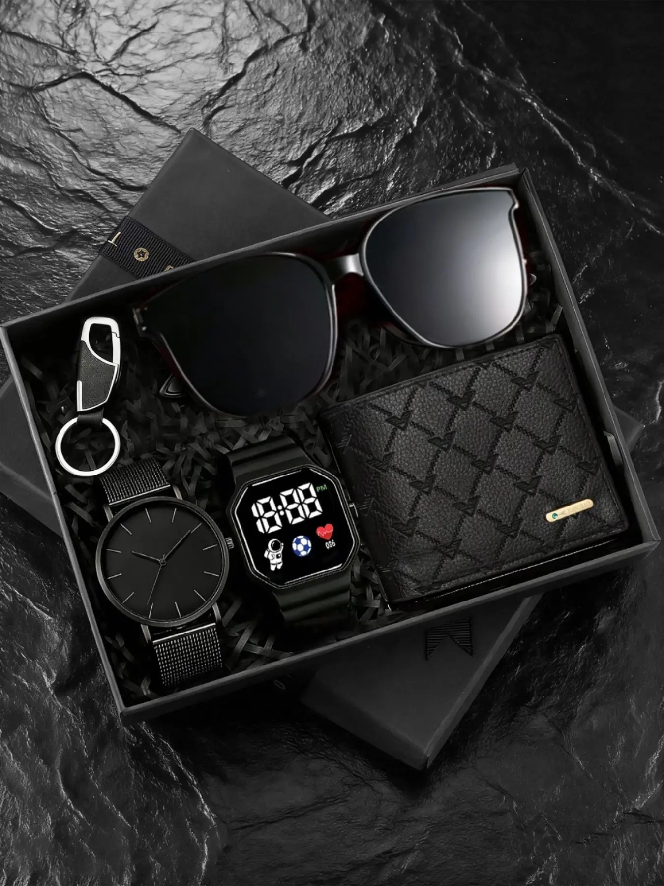 Men's Casual Quartz Watch Set, Round Analog Face, Hollow Alloy Mesh Strap, Includes Wallet, Keychain, Glasses, Perfect Gift for Husband, Father's Day