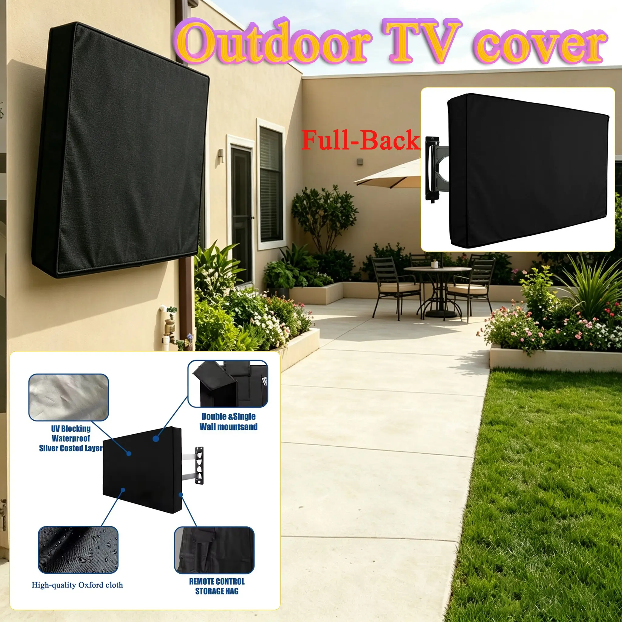 Full-Coverage Outdoor TV Cover, UV Protection Oxford Fabric, Remote Storage Pocket, Weatherproof Dust-Proof, for Patio, Backyard, Balcony
