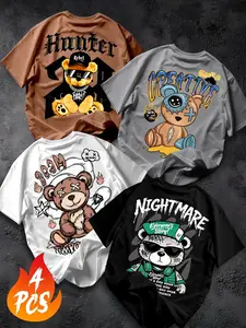 4-Pack Plus Size Men's T-Shirts, Cool Teddy Bear Print, Loose Fit, Street Style, Streetwear, Hunter/nightmare Bear Design, Casual Combo Tops