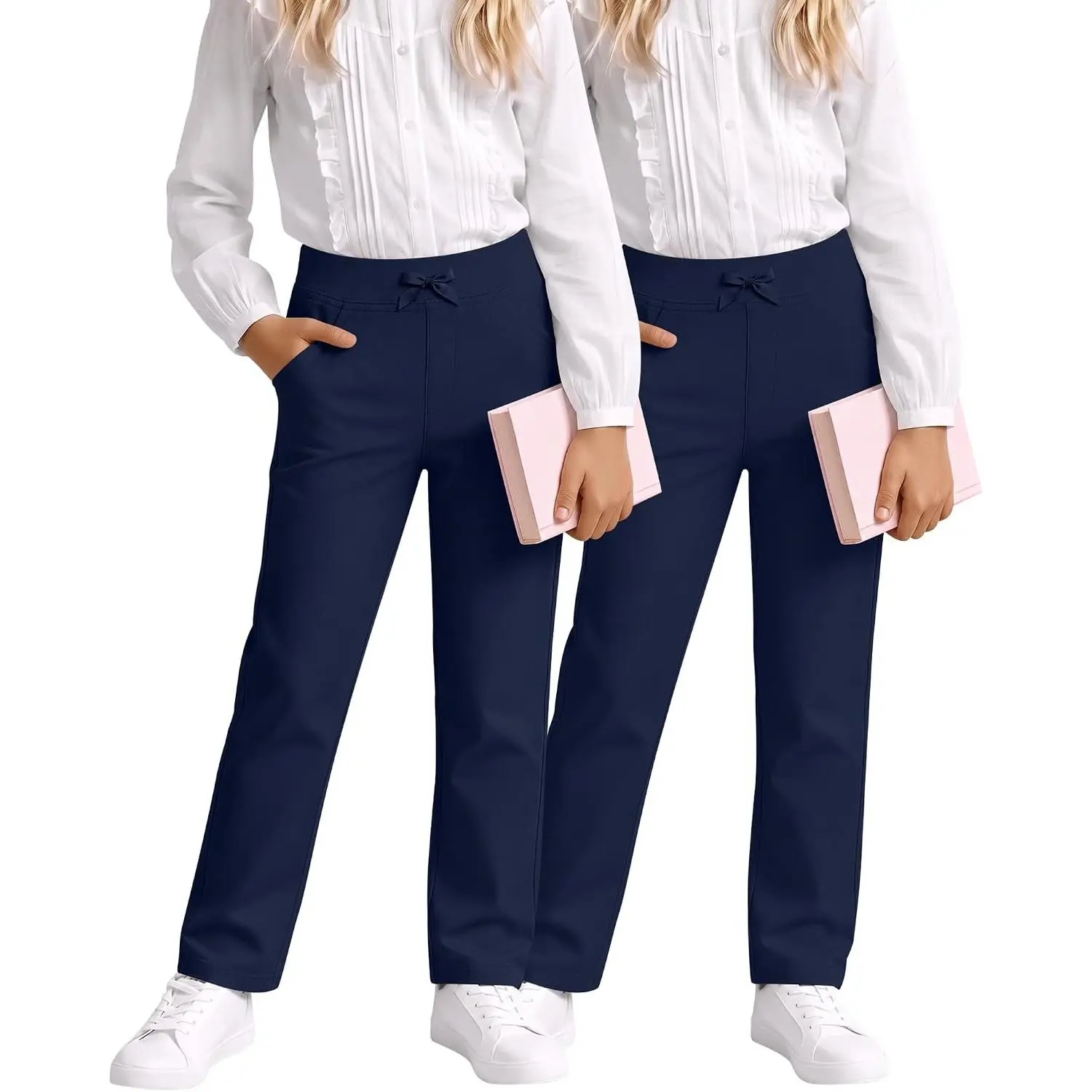 2 Pack Girls School Uniform Pants Kids Straight Leg Stretchy Elastic Waist Dress Sweatpants with Pockets 5-14 Years