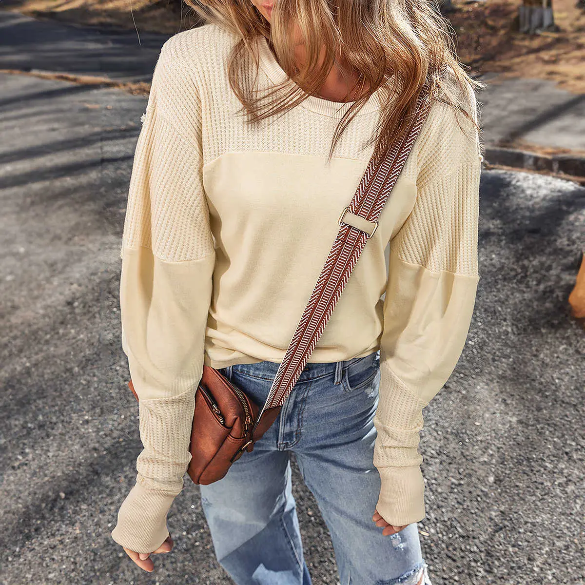 BF Women's Beige Thermal Knit Pullover, Patchwork Design, Exposed Seam Long Sleeve Top