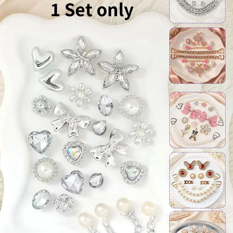 Elegant Silver Color Bling Shoe Charm Set, Heart & Flower Decorations, Trendy Clogs Accessories, Shoe Embellishment Set, Decorative Shoe Accessories, 24 Pcs