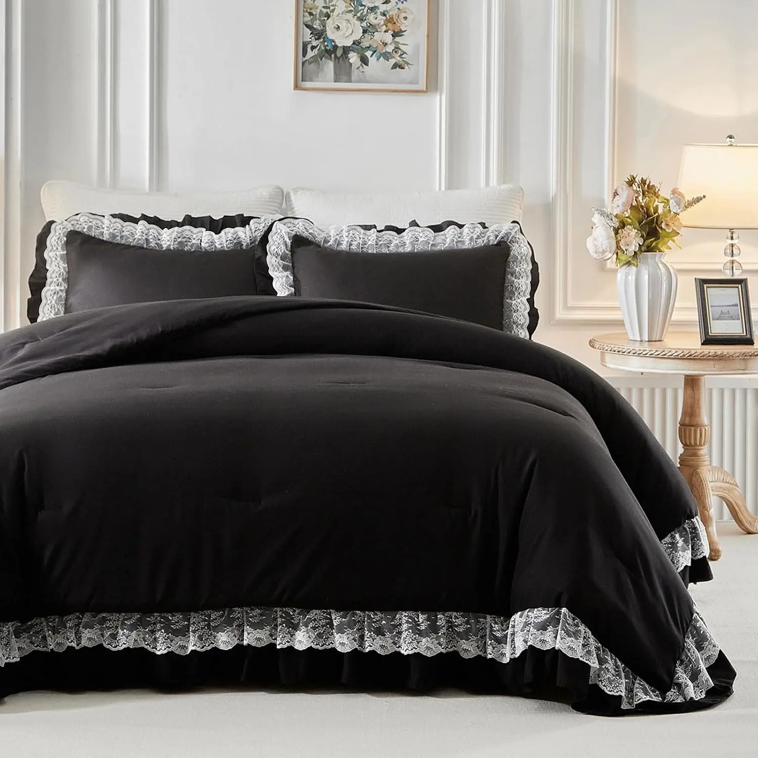 Queen Size Comforter Set Black, 3pcs Lace Ruffled Bedding Comforter Set, Microfiber Vintage Gothic Boho Chic Bedding Set for All Season- 88x88 inches