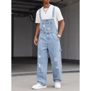 Men's Distressed Denim Overalls,Light Wash Ripped Wide Leg Dungarees,Y2K Grunge Skater Bib Overalls,Summer Casual Light Blue Trousers Jumpsuit,American overalls men,Clean Fit Workwear Trousers