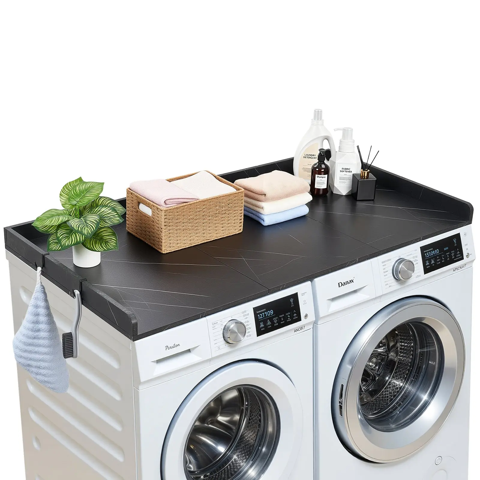VEVOR Particle Board Washer & Dryer Countertop, 54x27.5in Marble Topper with Raised Edge & 2 Hooks, 250lbs Load Capacity, Water Resistant Unit (xytm0929bk) for Laundry Closet & Pantry Organization