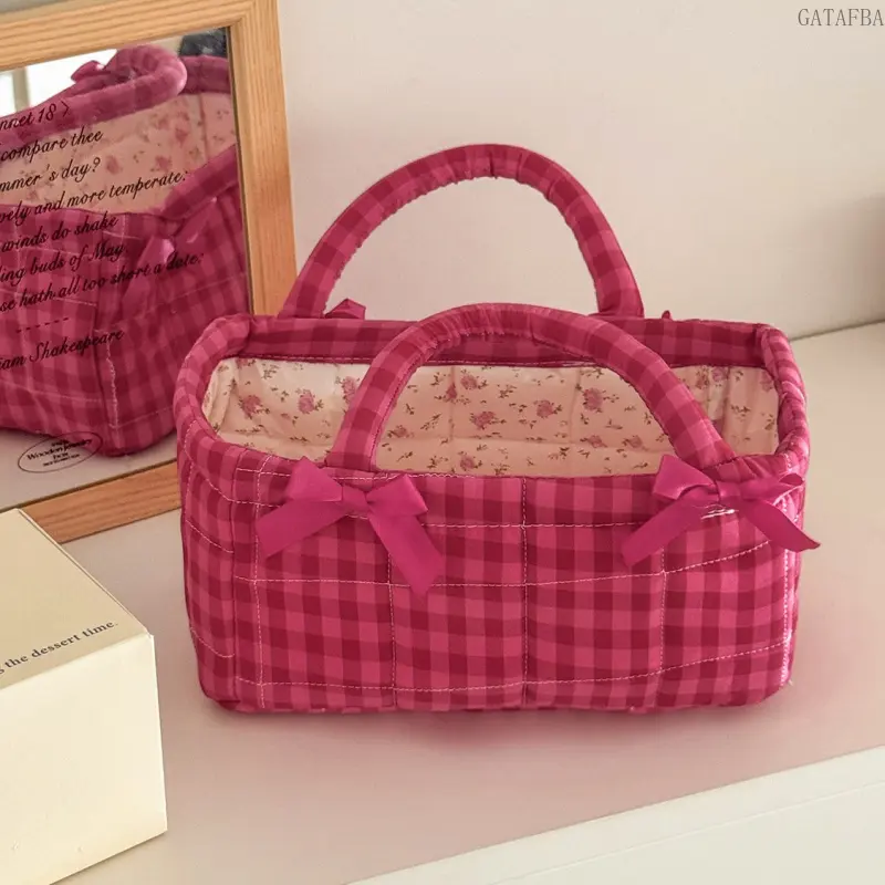 Dragon Fruit Plaid Mini Storage Basket, French Vintage Quilted Organizer, Sweet Bow Handheld Shopping Tote Bag