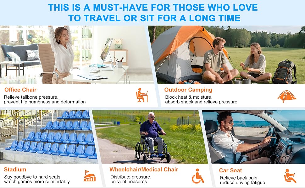 Travel Seat Cushion, Comfortable 3D Inflatable Seat Cushion for Hemorrhoid and Tailbone Pain Relief, Optimal Support for Long Sitting in Car, Air Travel, O