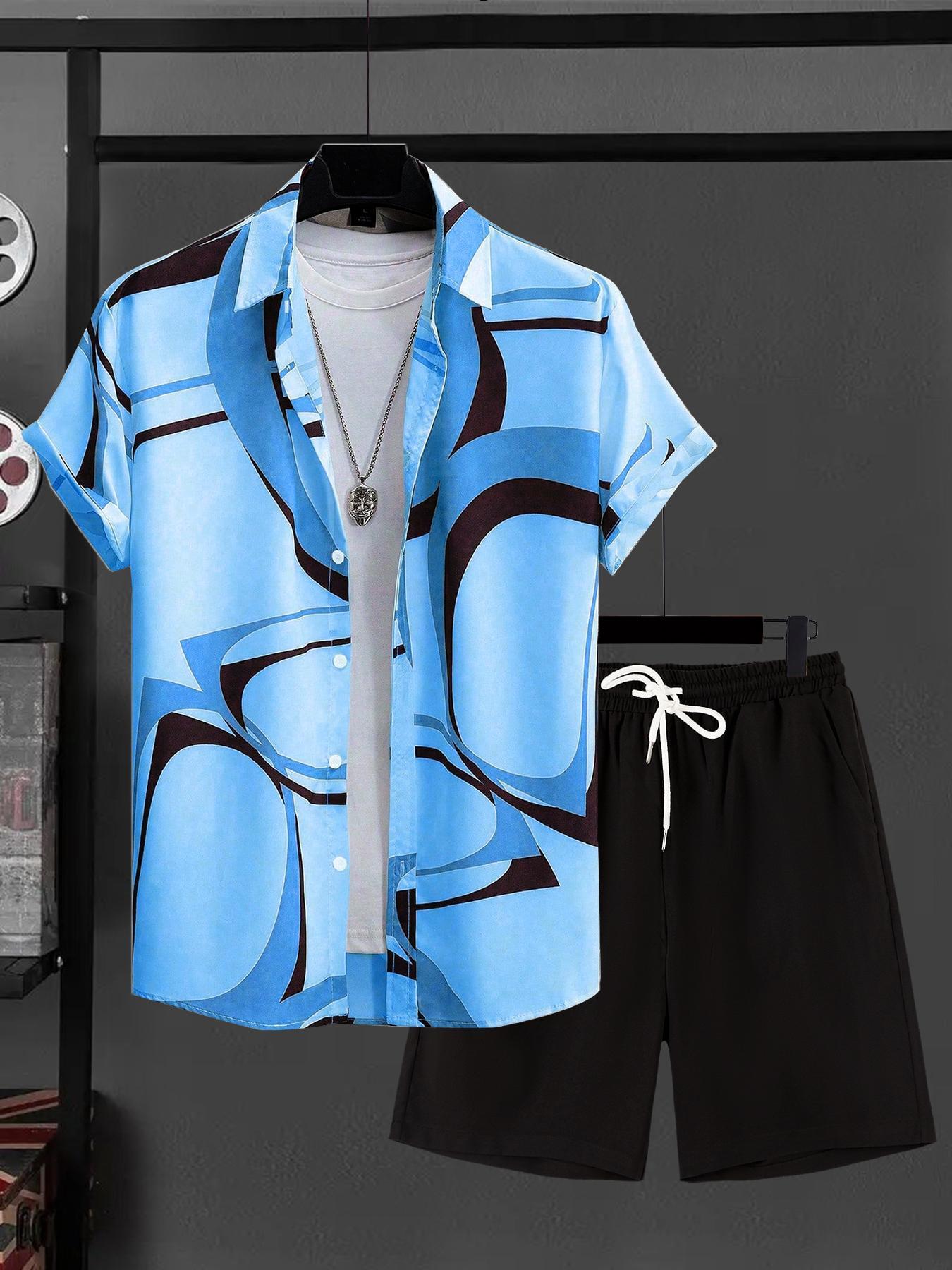 Men's Geometric Print Top & Drawstring Waist Shorts Loungewear Two-piece Set, Regular Fit Relaxed Casual Comfy Short Sleeve Top & Pocket Shorts Set, Men's Sleepwear for Summer, Pajamas
