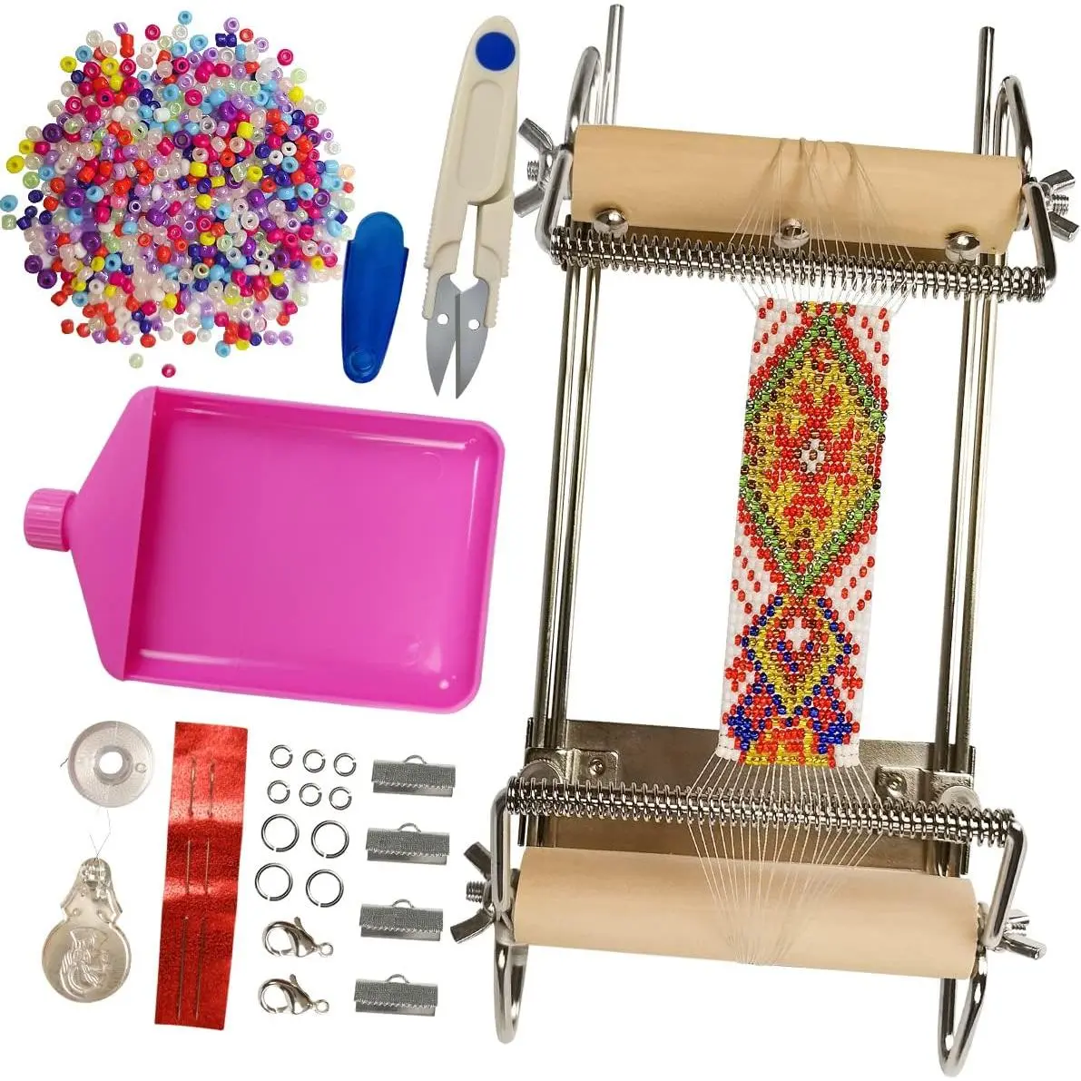 The Second Generation Adjustable Bead Loom Kit with Seed Beads,Large Eye Curved Beading , Funnel Tray,Lobster Clasp,Open Ring and Bead Mat for  Making kit