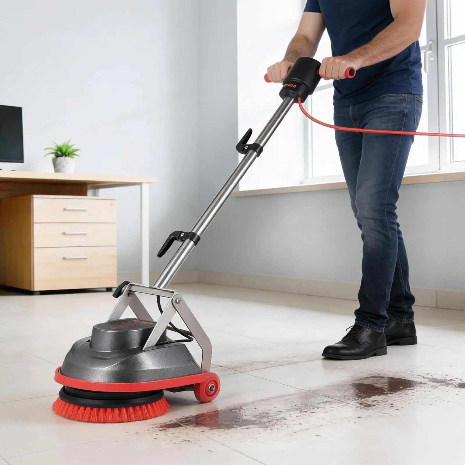 【DealsForYouDays】VEVOR Commercial Floor Scrubber Machine, Heavy Duty Floor Cleaner Polisher with 2 Wheels, Professional Electric Carpet Buffer, Max 1900 RPM, 43 FT Cord, 3 Pads 3 Brushes - All Floor Surfaces