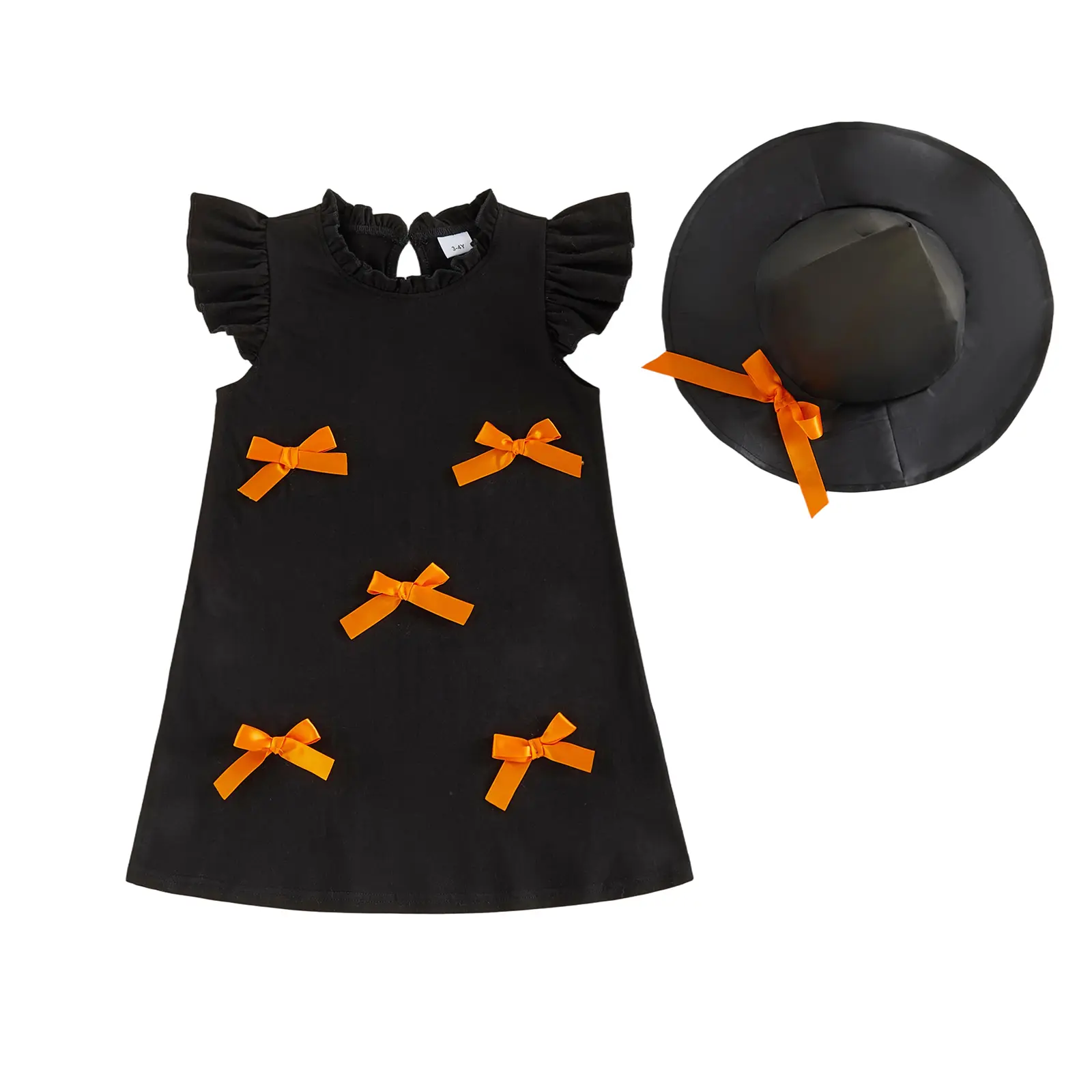 Babamoon Toddler Baby Girls Halloween Witch Dress Bow Decor Flying Sleeve A Line Dress with Witch Hat Costume