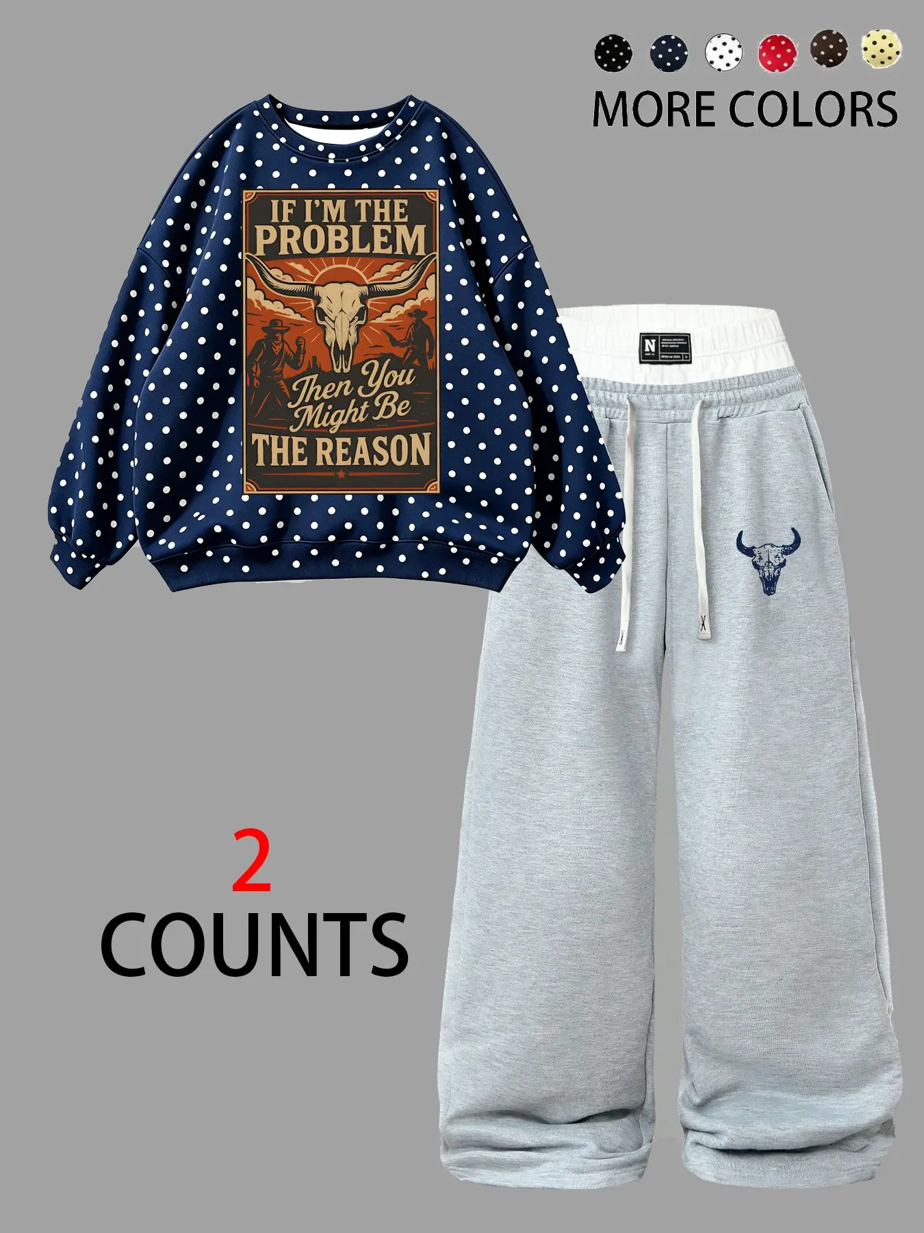 Western Retro Casual Women's Set, Print Round Neck Sweatshirt & Embroidered Wide Leg Pants, Comfortable Loose Fit, All Seasons Wear