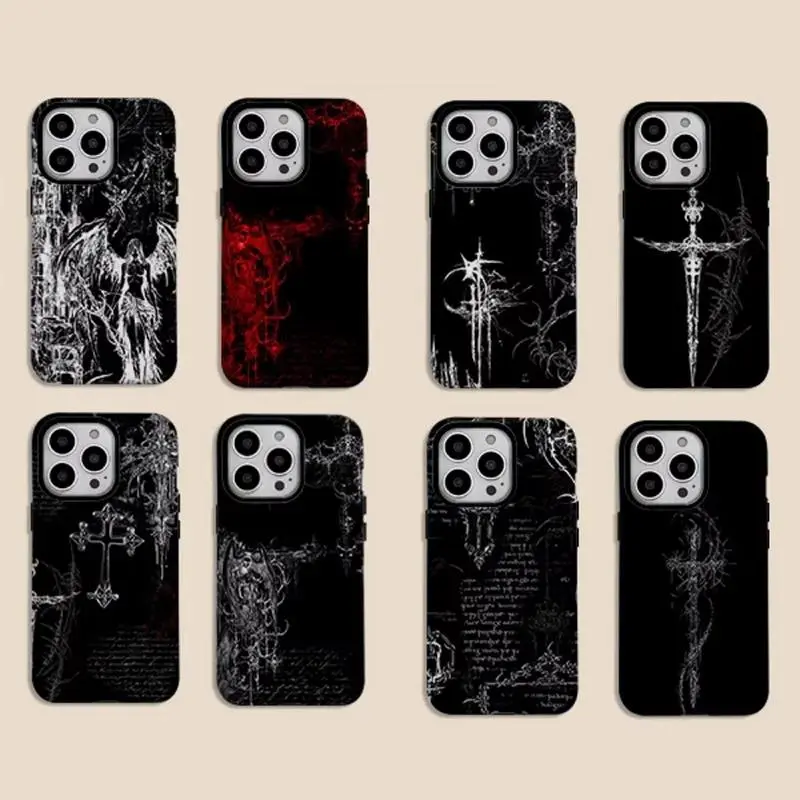Luxury Dark Gothic Style Cross Design Phone Case  for iPhone 17, 16, 15, 14, 13, 12, 11 Pro Air Plus ProMax and Samsung S26-S20 Ultra Plus FE shock-absorbing phone cases, fashionable gift.