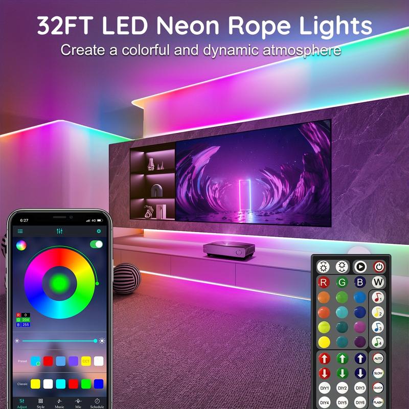 Product Introduction of 32 Feet Led Neon Rope Light, Use App/Remote Control Control, Flexible LED Rope Light, Multiple Modes, RGB Neon Light, Music Sync Game LED Neon Bar, Suitable for Bedroom, Indoor, Festival, Birthday Party, Party 2